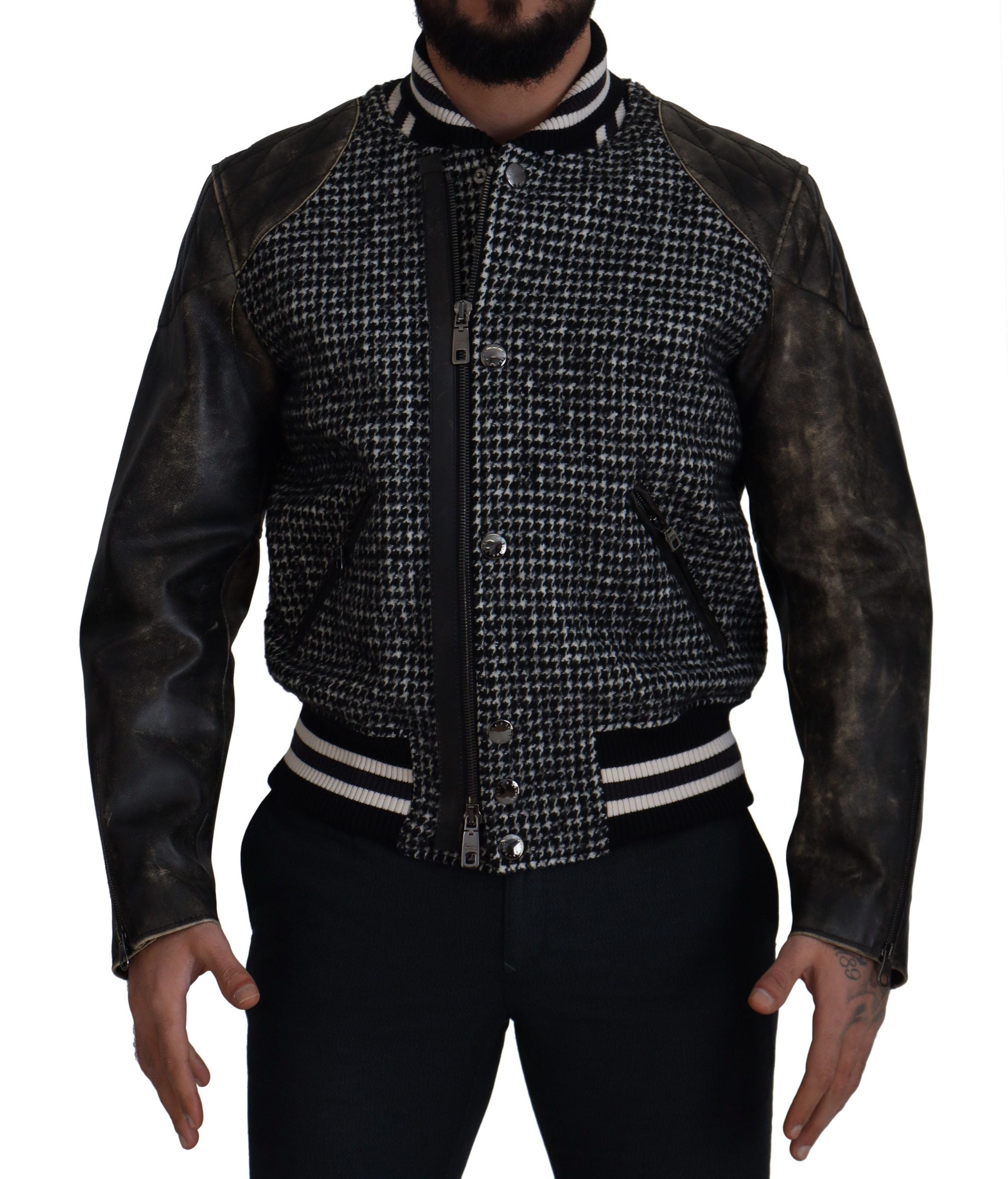 Dolce & Gabbana Schwarze Bomberjacke aus Polyester mit Hahnentrittmuster
