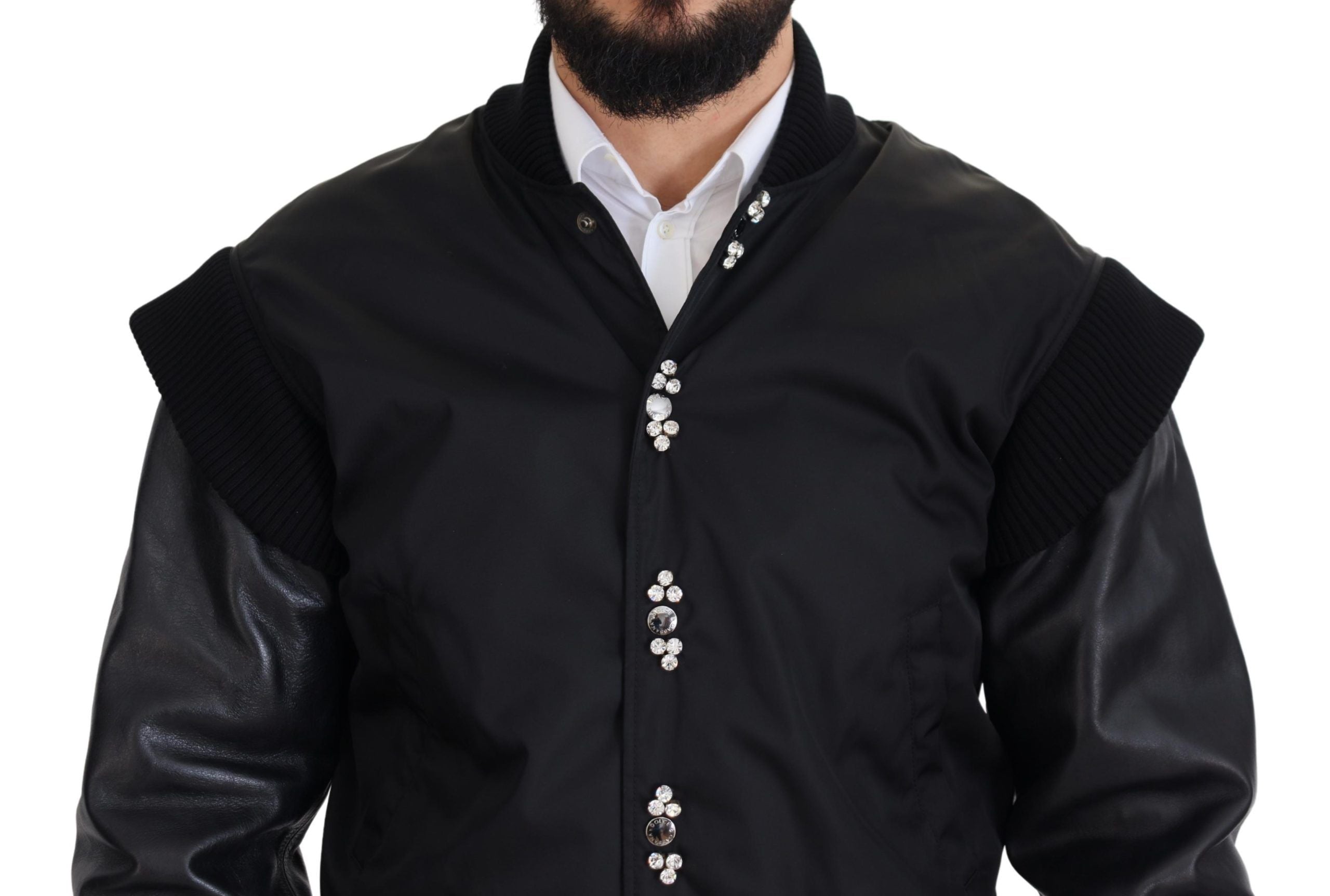 Dolce & Gabbana Schwarzes Nylon Kristalle Mantel Knöpfe Jacke