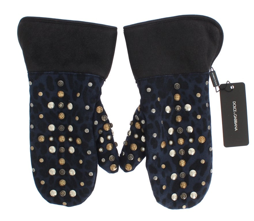 Dolce & Gabbana Graue Woll-Shearling-Handschuhe mit Nieten und blauem Leopardenmuster