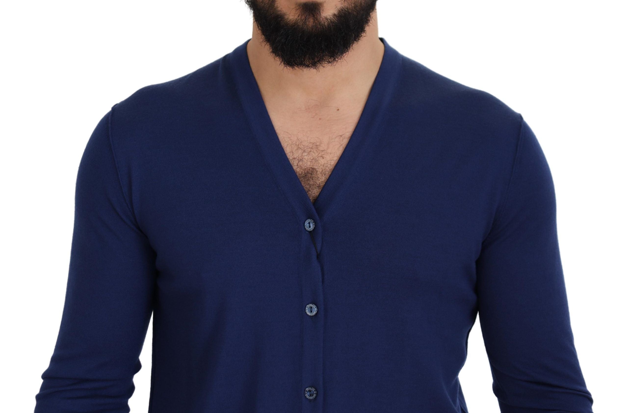 Dolce & Gabbana Blaue Wollstrickjacke mit V-Ausschnitt und Knopfleiste