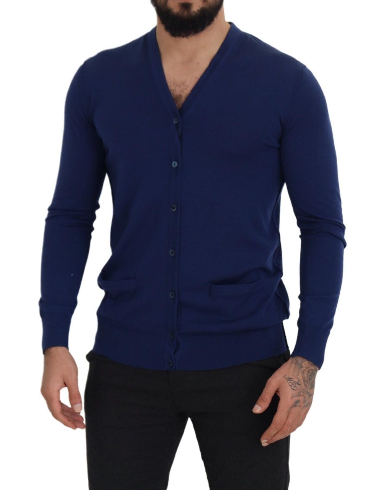 Dolce & Gabbana Blaue Wollstrickjacke mit V-Ausschnitt und Knopfleiste