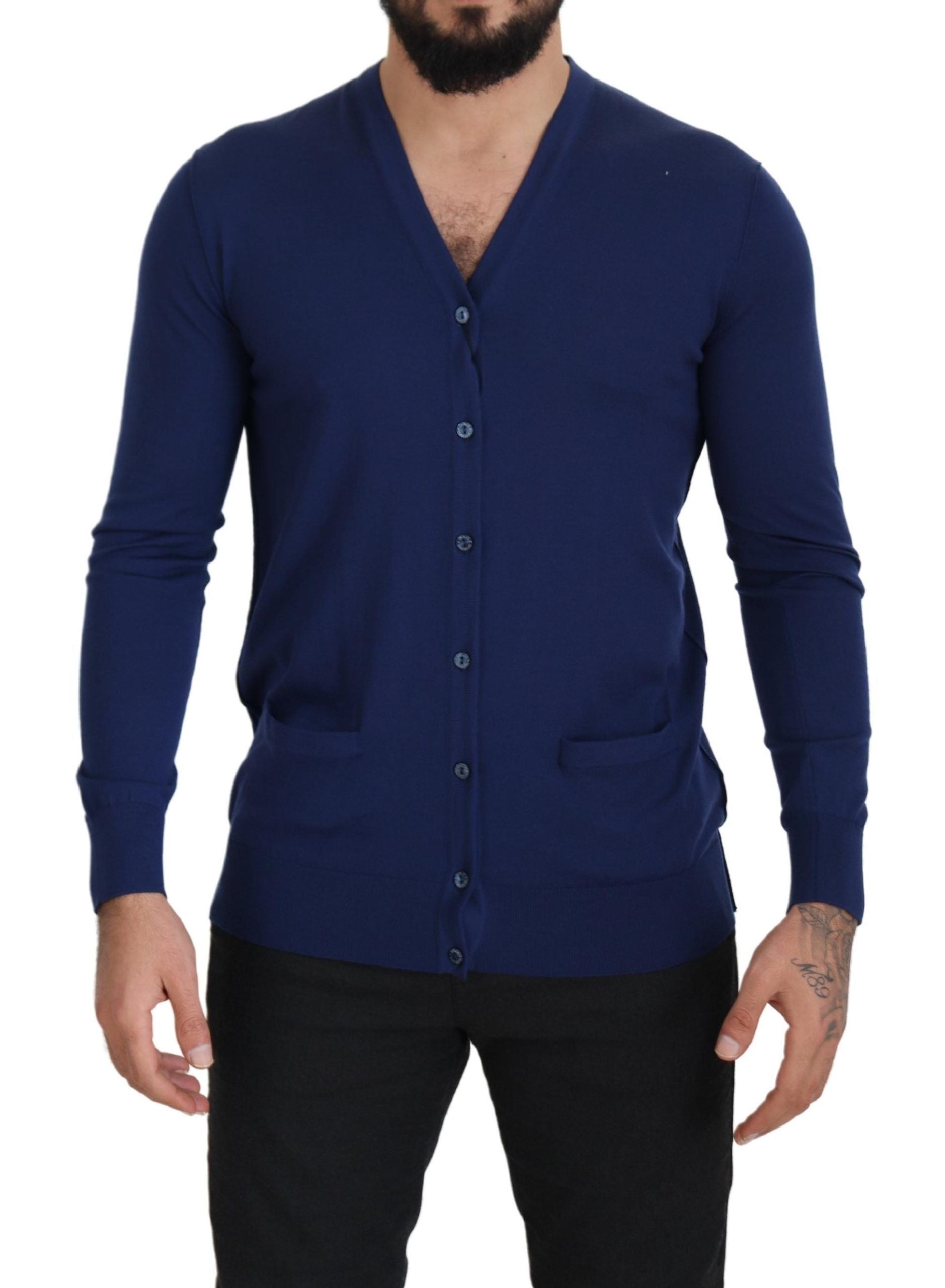 Dolce & Gabbana Blaue Wollstrickjacke mit V-Ausschnitt und Knopfleiste