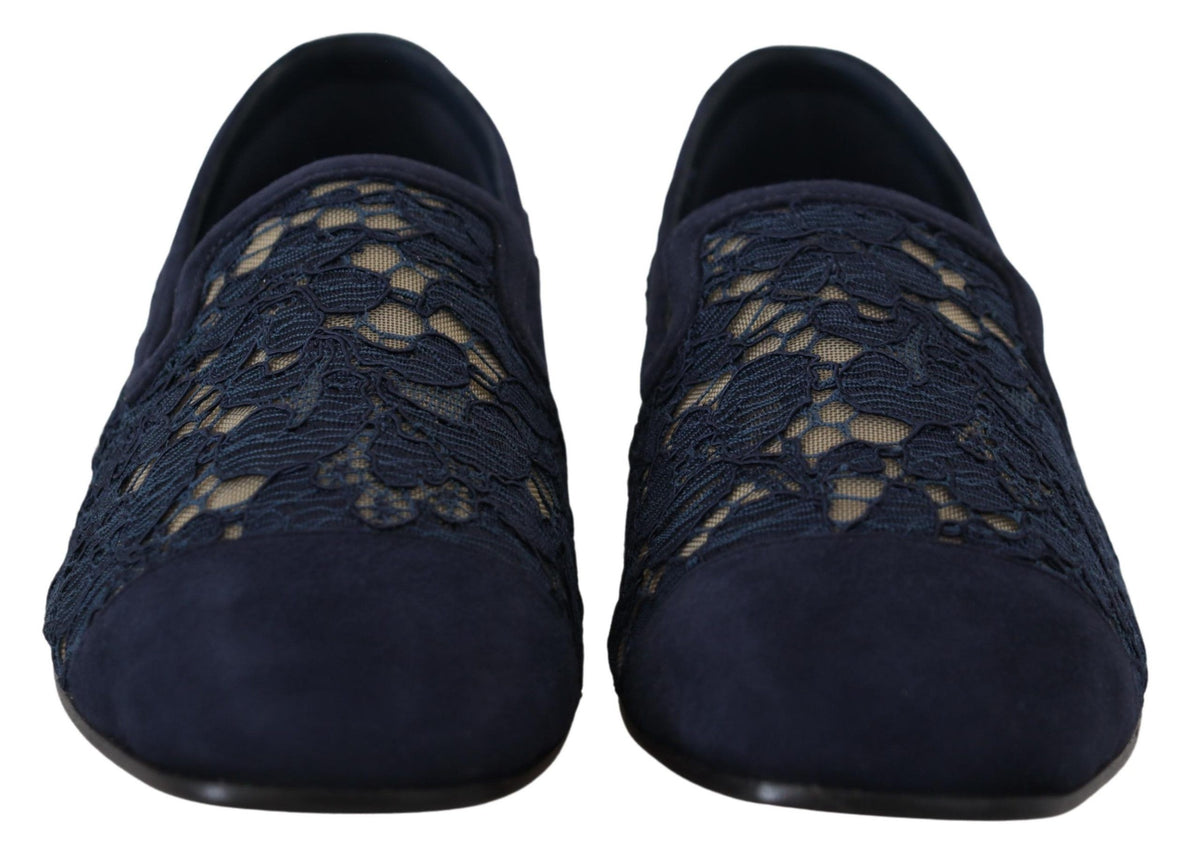 Dolce & Gabbana Blau Floral Spitze Slip Ons Loafers Flats Schuhe