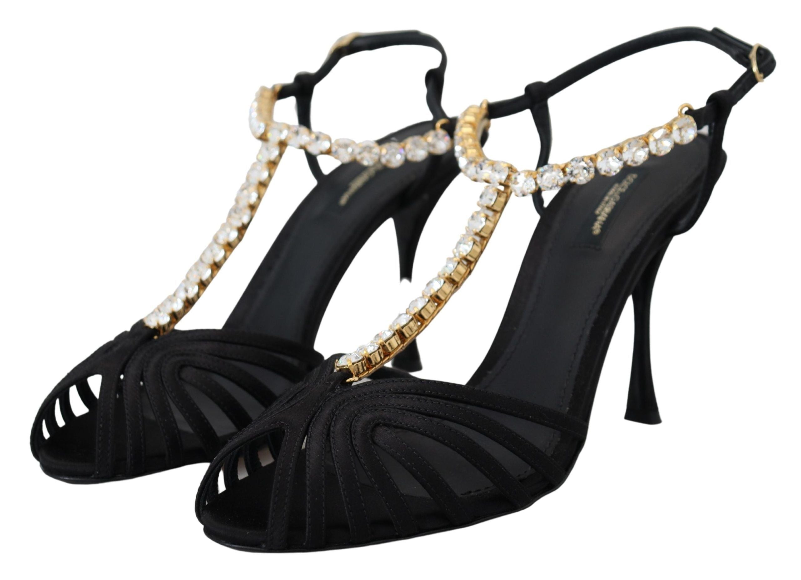 Dolce & Gabbana Schwarz Satin Klar Kristall T-strap Sandale Schuhe