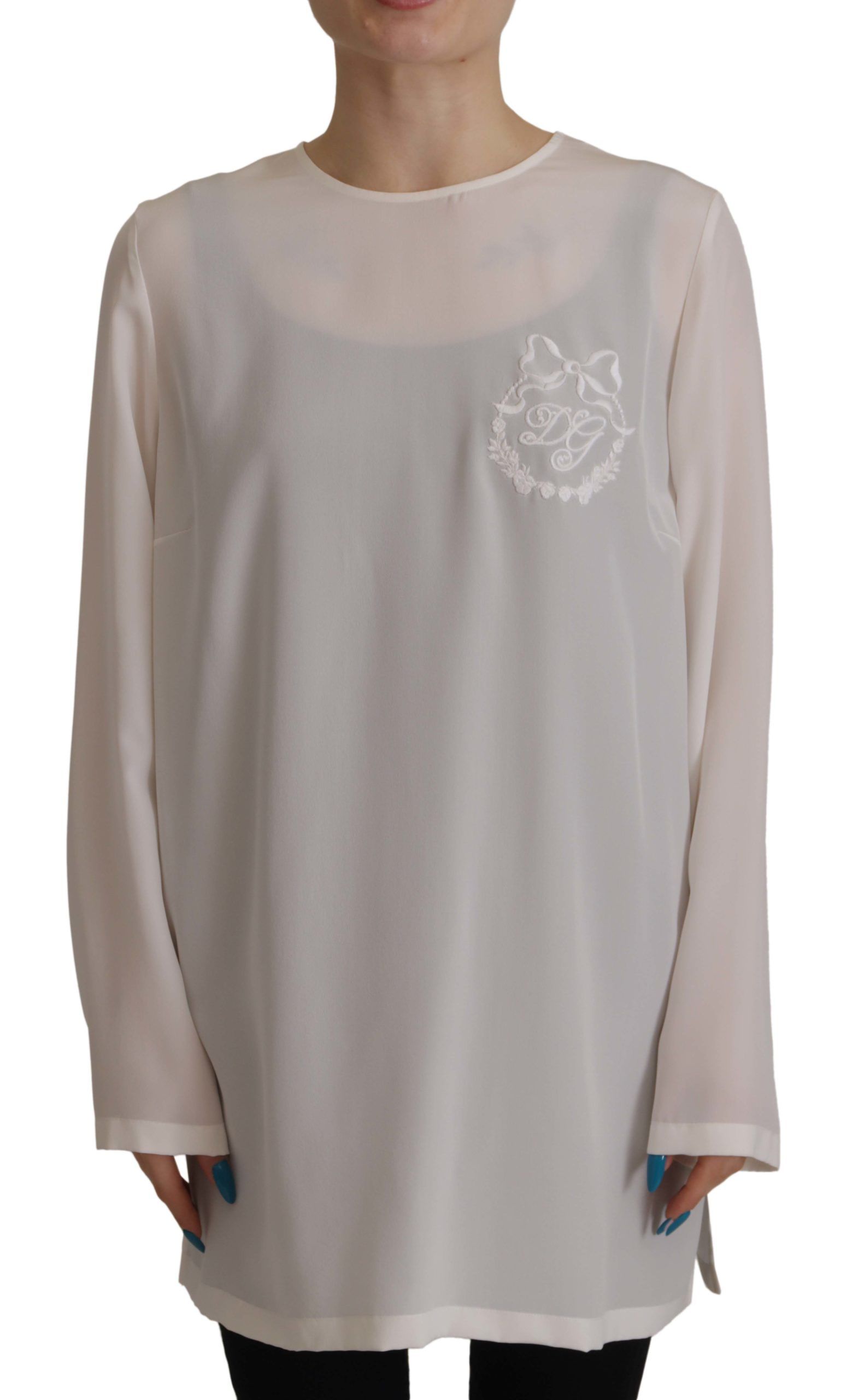 Dolce & Gabbana Weiße Seidenbluse mit DG-Logo-Stickerei und langen Ärmeln