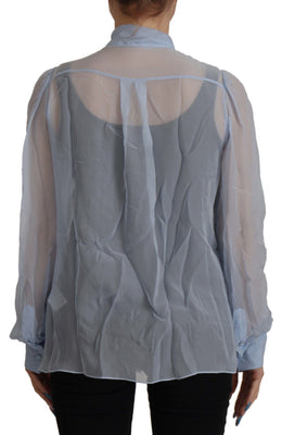 Dolce & Gabbana Hellblaues Seiden-Ascot-Kragen-Top mit langen Ärmeln