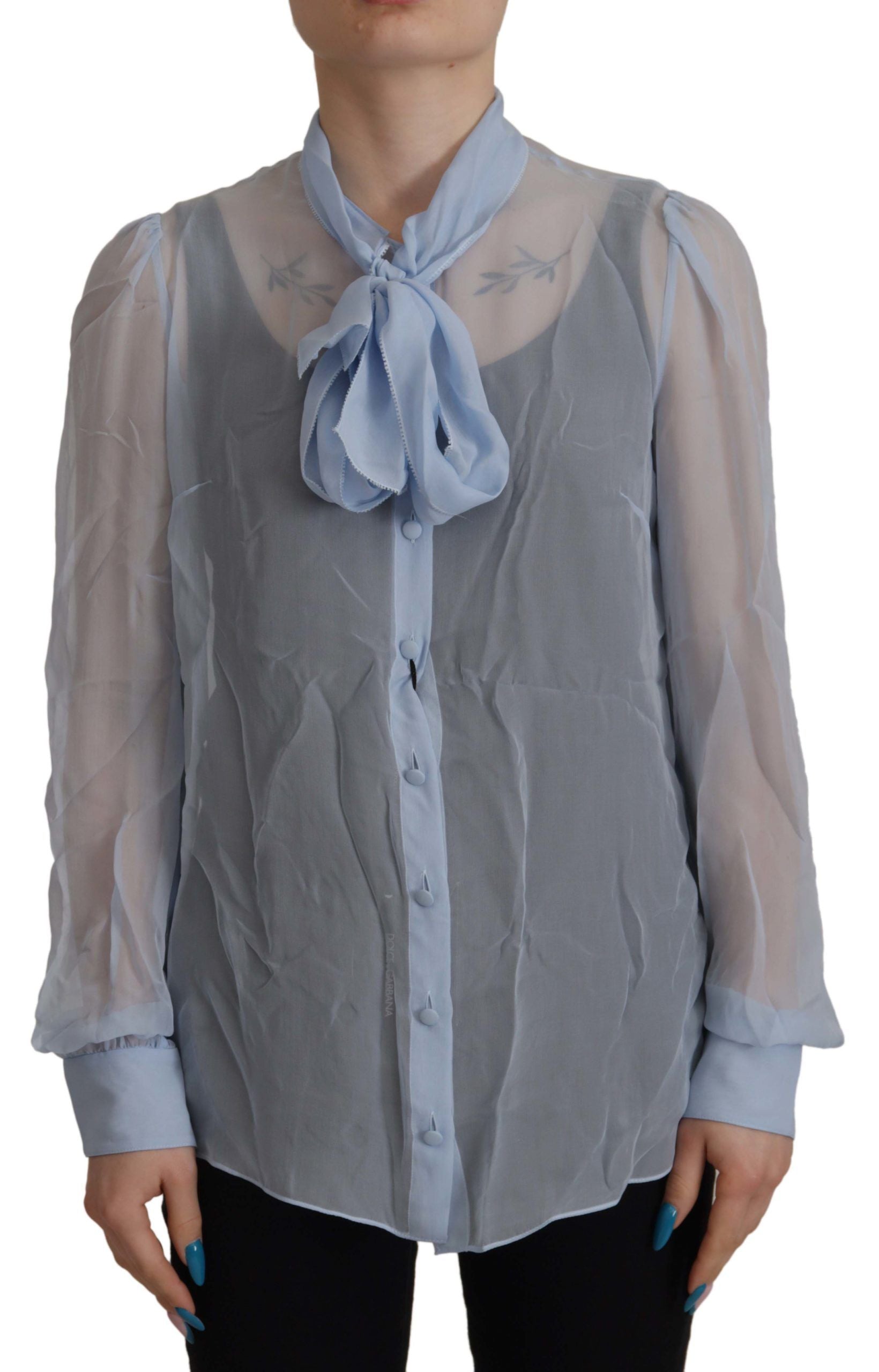 Dolce & Gabbana Hellblaues Seiden-Ascot-Kragen-Top mit langen Ärmeln
