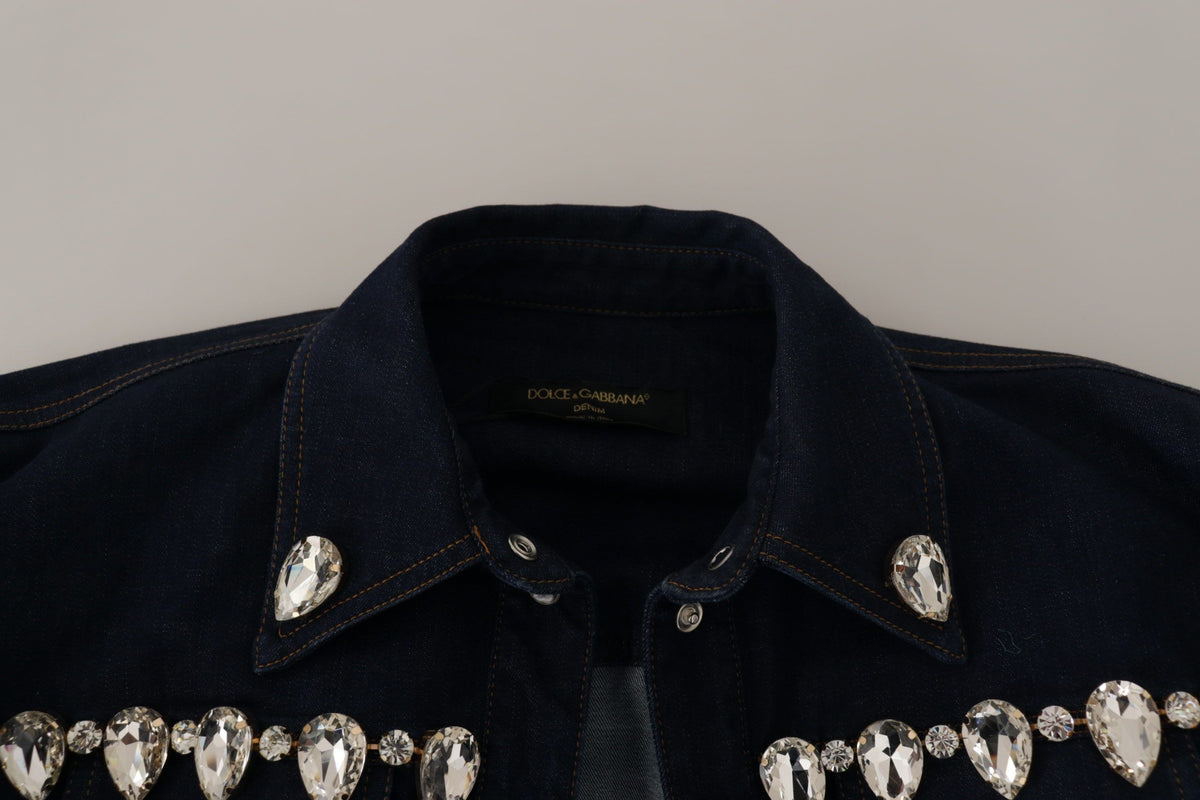 Dolce & Gabbana Blaue Denim Jacke aus Baumwolle mit Kristallverzierung