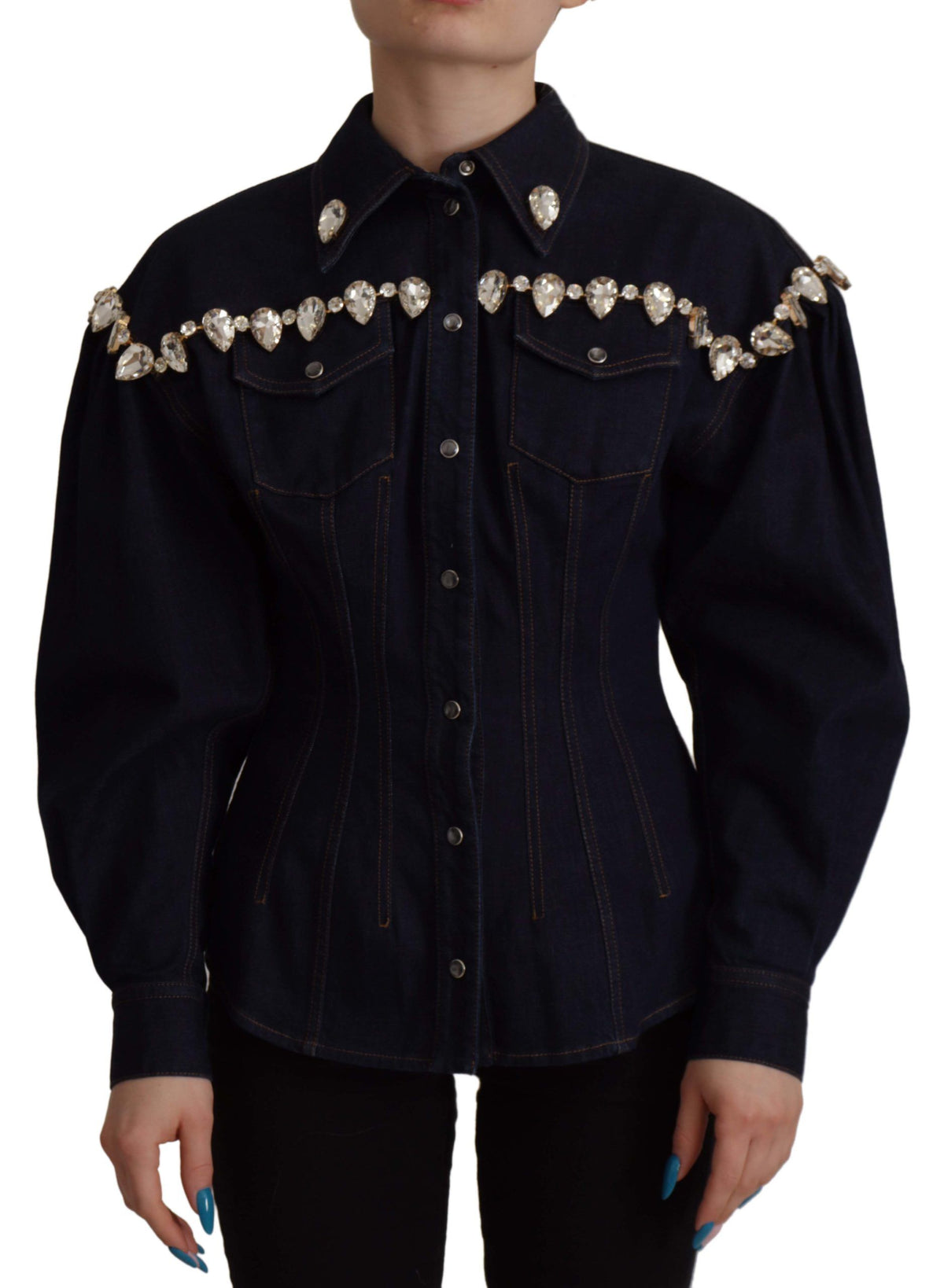 Dolce & Gabbana Blaue Denim Jacke aus Baumwolle mit Kristallverzierung