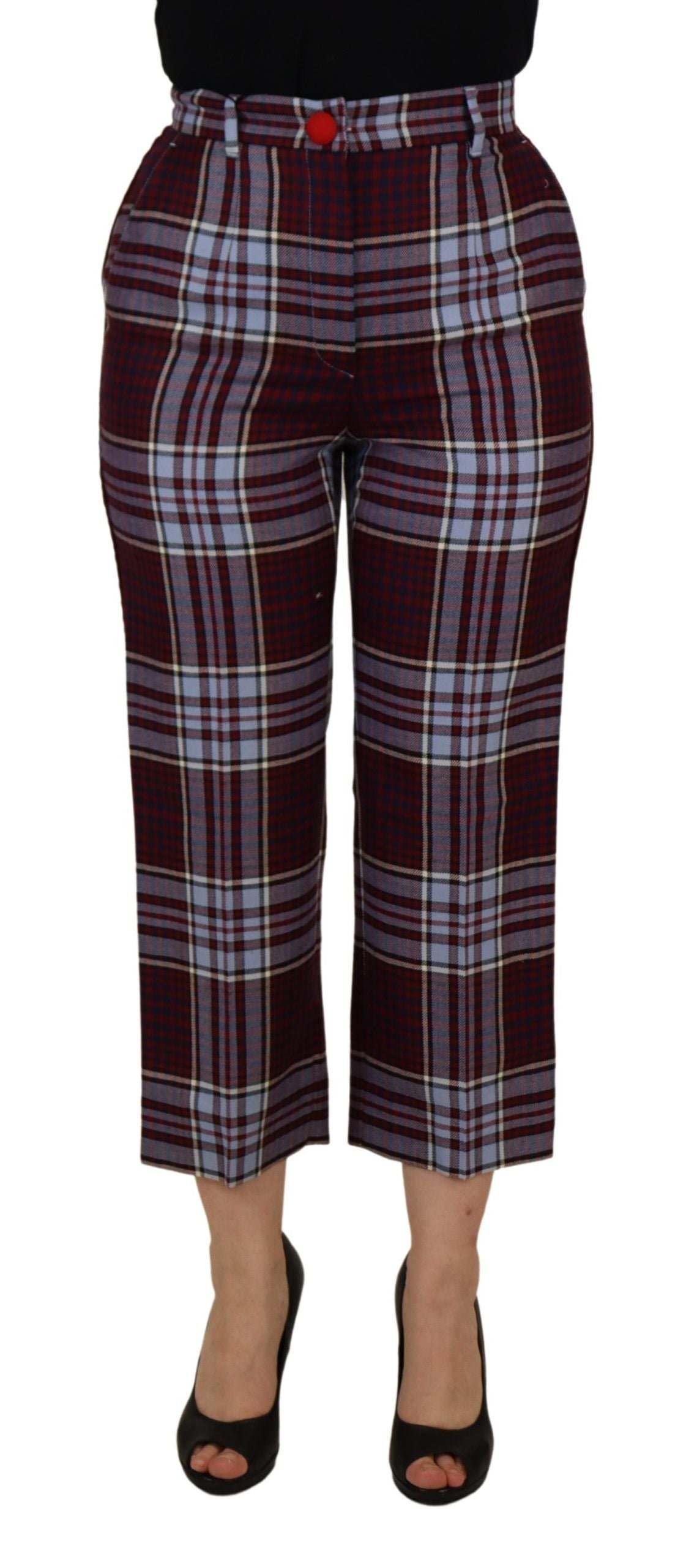 Dolce & Gabbana Graue karierte Hose mit hoher Taille und geteilter Hose