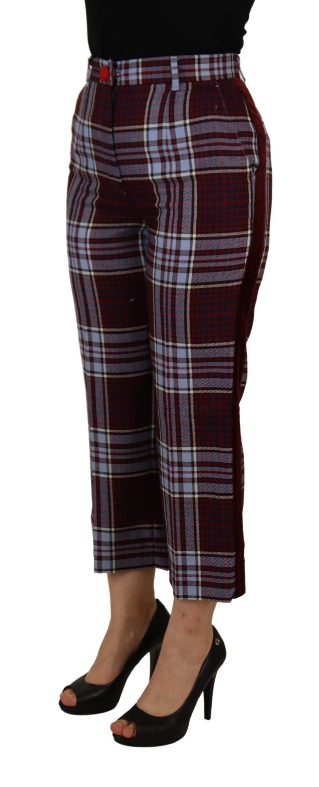 Dolce & Gabbana Graue karierte Hose mit hoher Taille und geteilter Hose