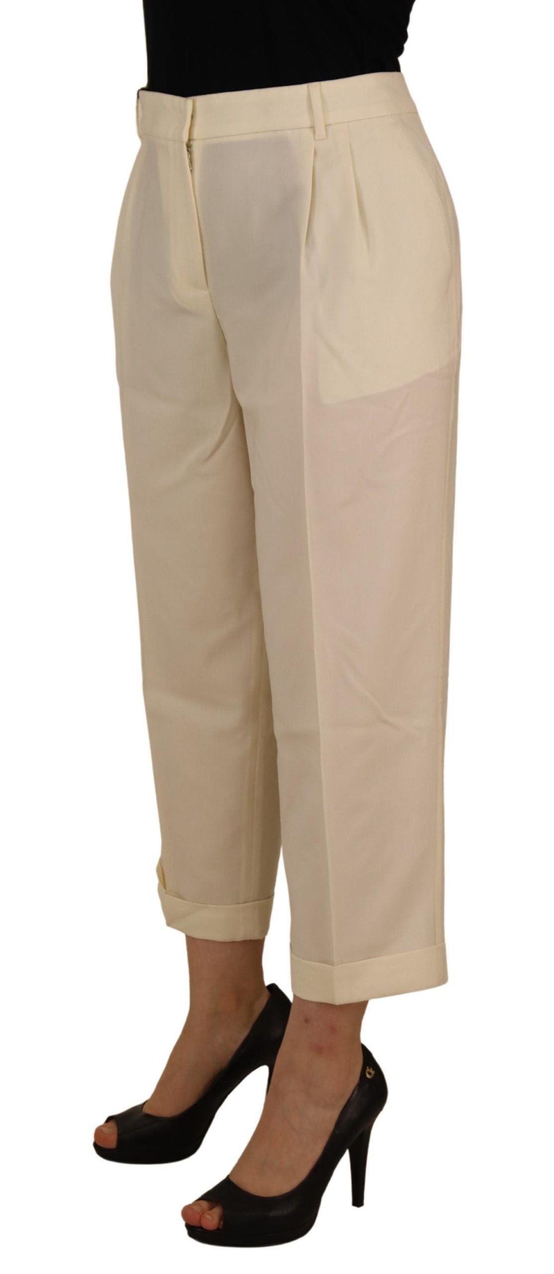 Dolce & Gabbana Elfenbeinfarbene Hose mit hoher Taille und umgeschlagenem Saum
