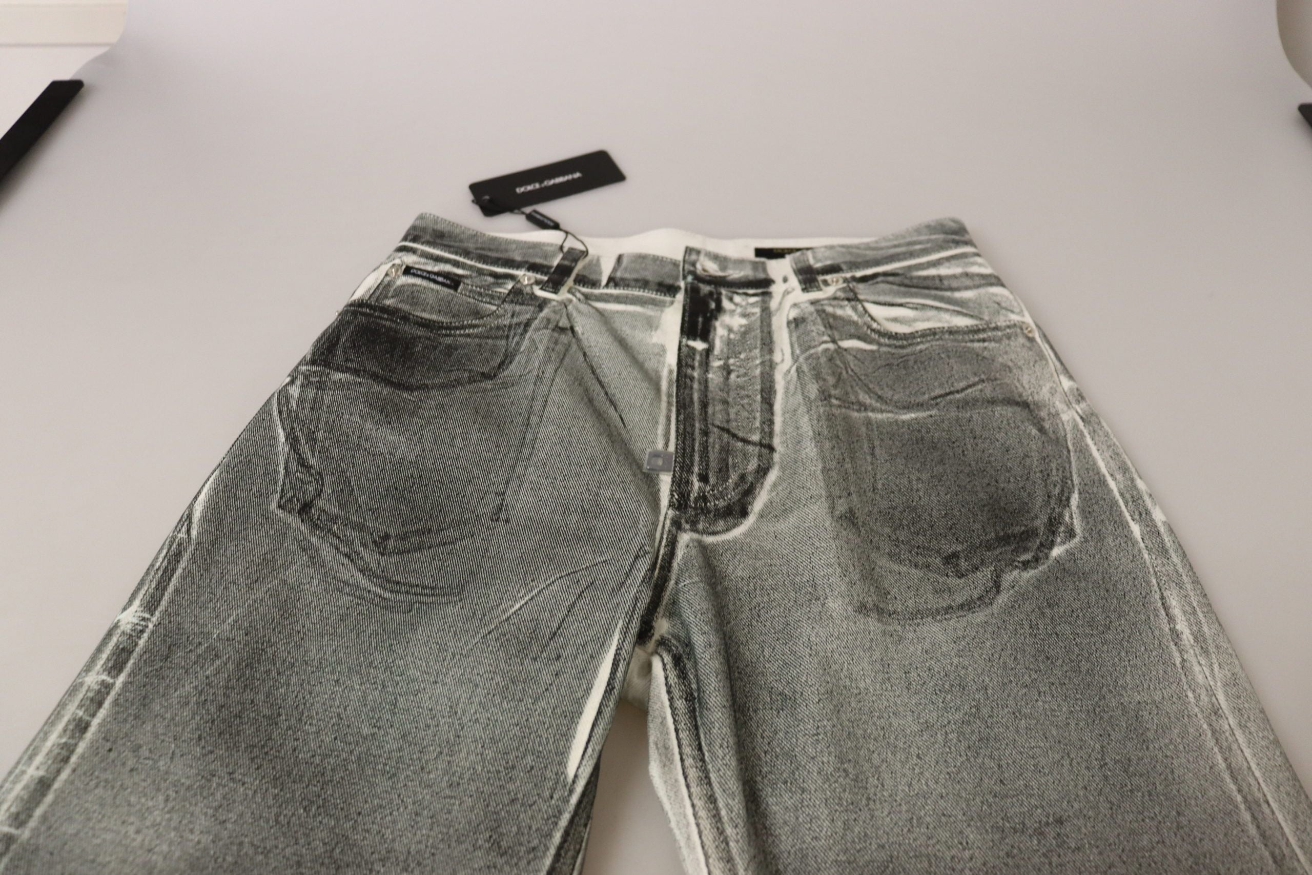 Dolce & Gabbana Graue gewaschene Denim-Hose mit hoher Taille Baumwolljeans