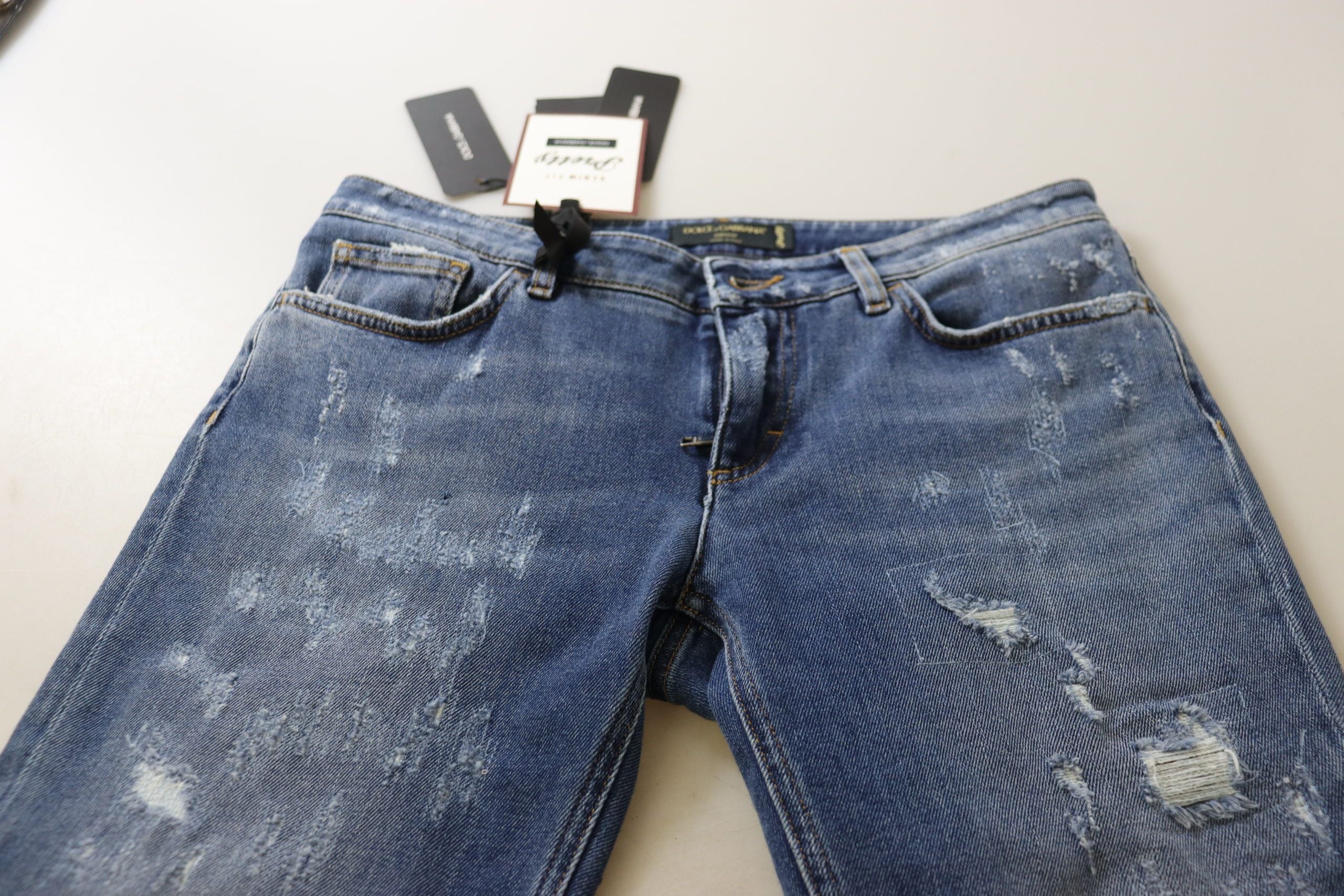 Dolce & Gabbana Blaue gewaschene Baumwoll-Skinny-Jeans mit niedriger Taille aus Denim
