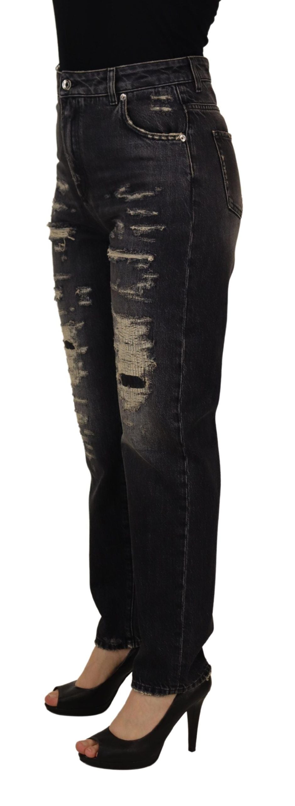 Dolce & Gabbana Schwarze verwaschene, zerfledderte Denim-Jeans mit hoher Taille