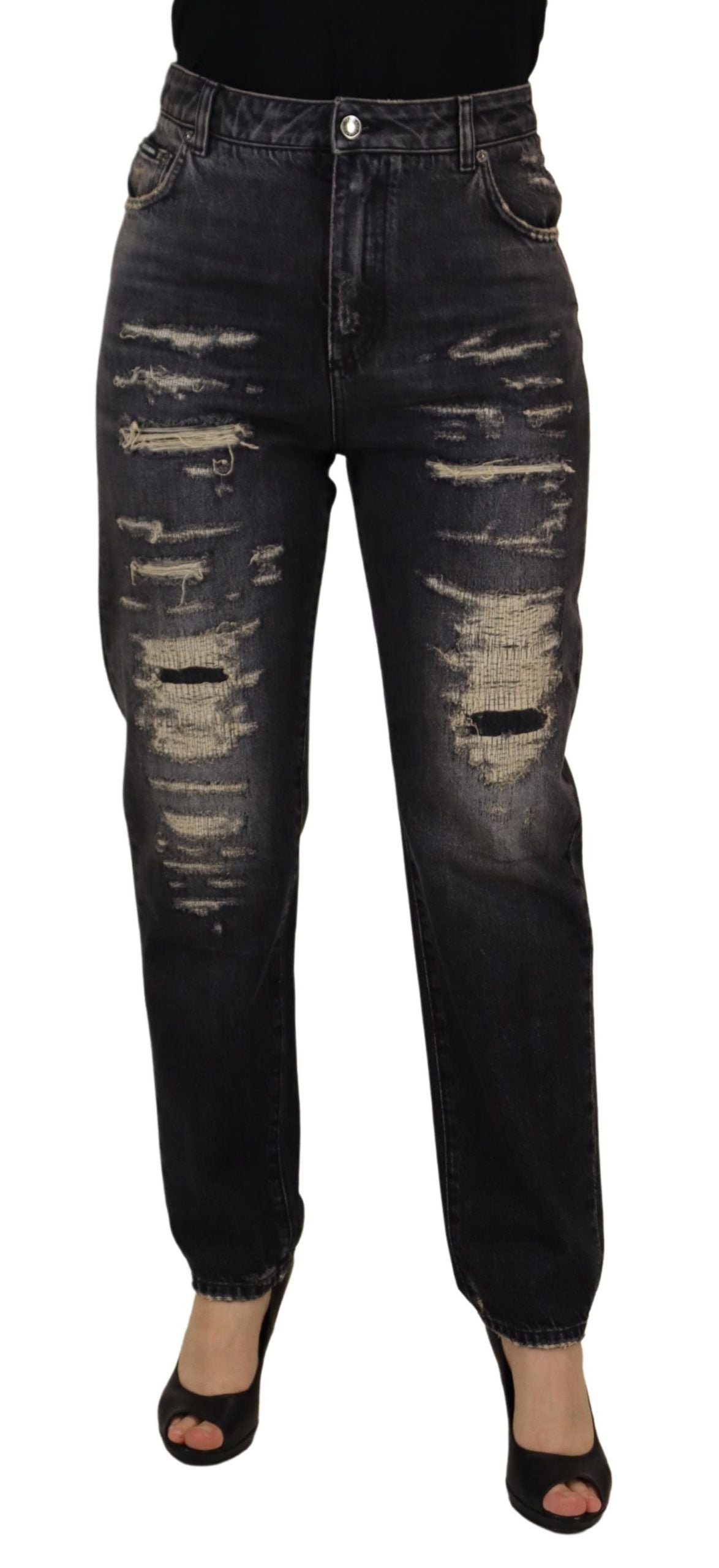 Dolce & Gabbana Schwarze verwaschene, zerfledderte Denim-Jeans mit hoher Taille
