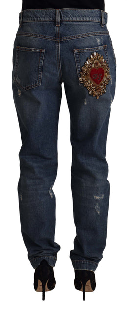 Dolce & Gabbana Blaue Denim Barock Herz Logo Patch Hose Jeans