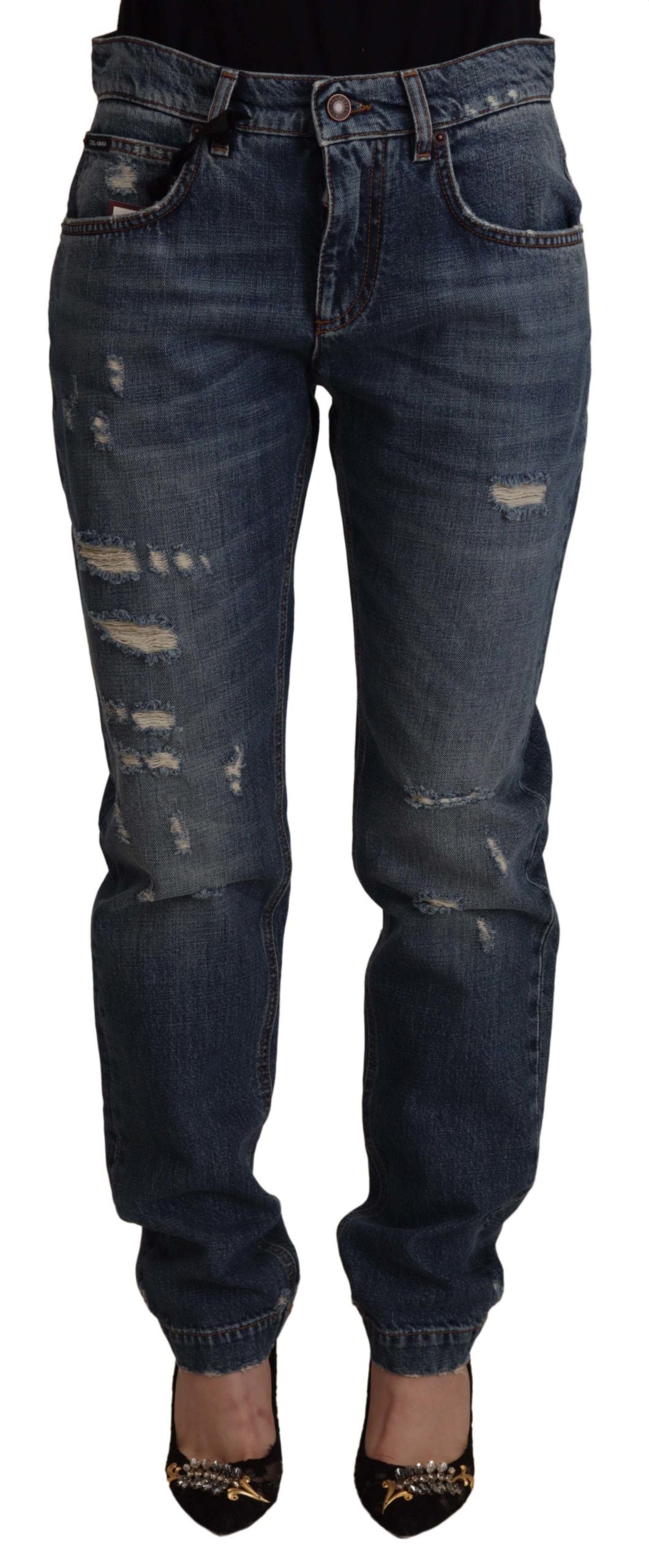 Dolce & Gabbana Blaue Denim Barock Herz Logo Patch Hose Jeans