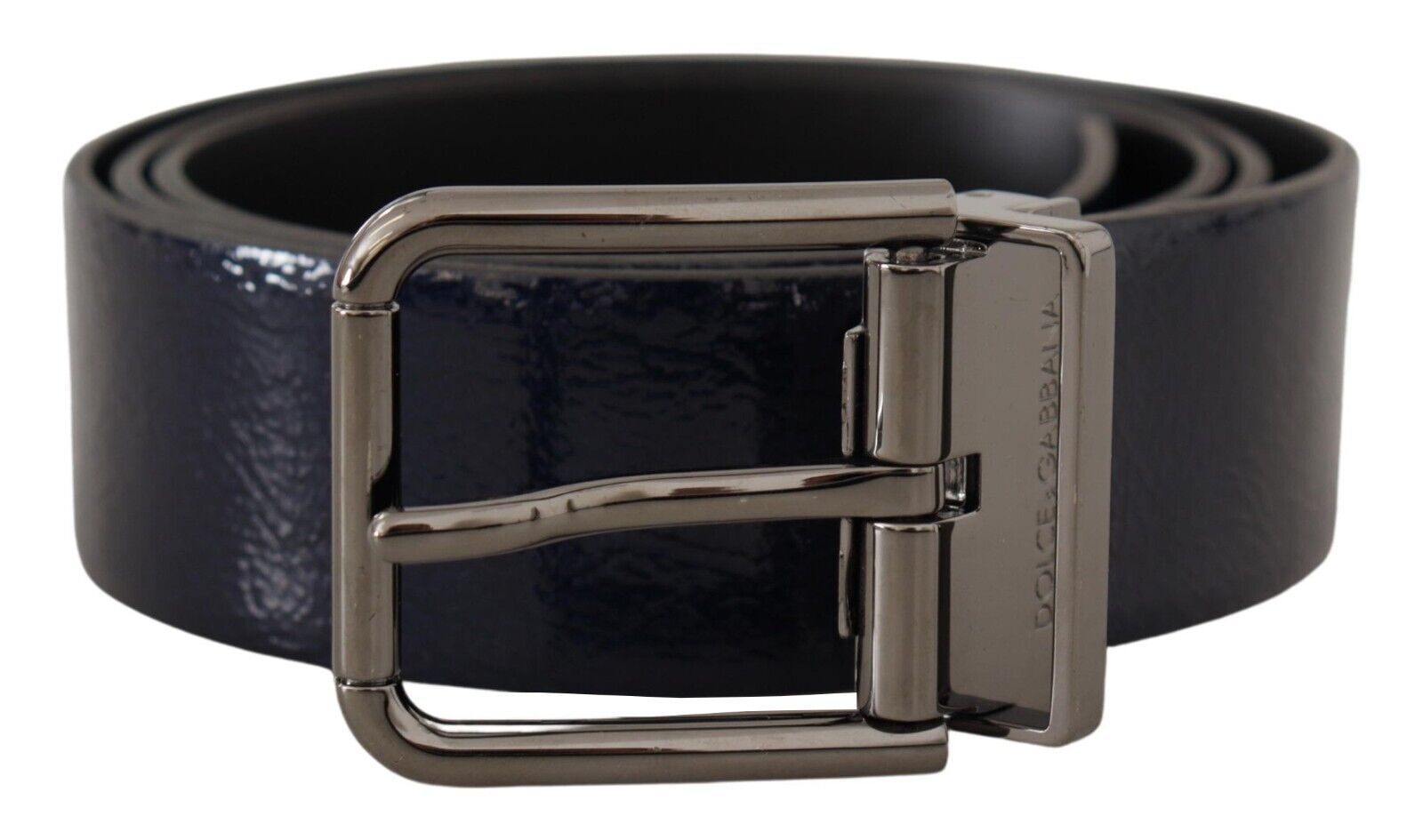 Dolce & Gabbana Blaues Lackleder Vernice Silberne Logoschnalle Gürtel