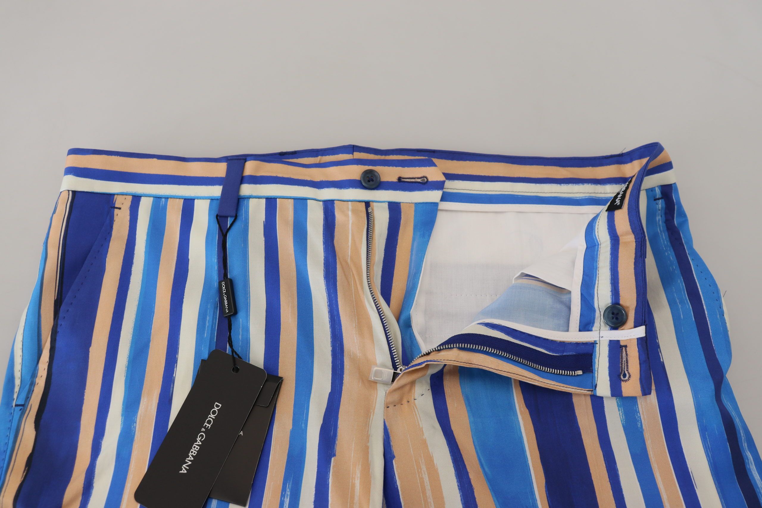Dolce & Gabbana Blau gestreifte Seiden-Baumwoll-Schlank-Hose Hose