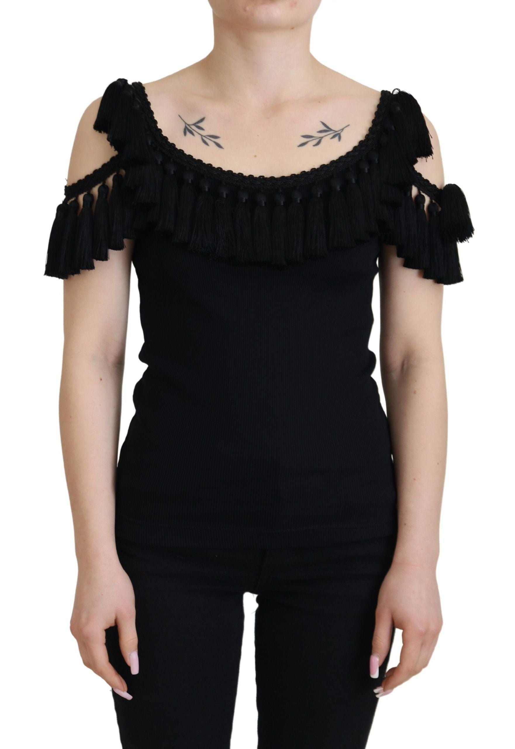 Dolce & Gabbana Schwarzes Tanktop Bluse Quastenbluse Baumwolle