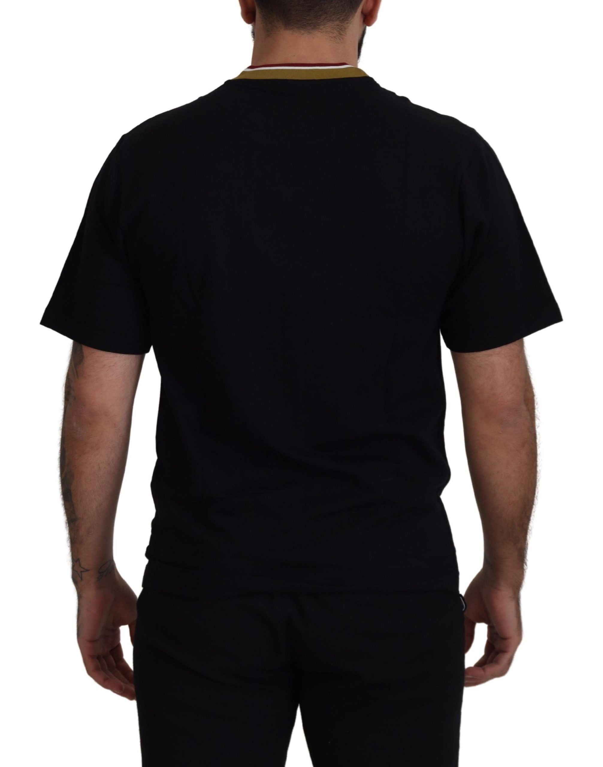 Dolce & Gabbana Schwarzes T-Shirt mit besticktem Rundhalsausschnitt aus Baumwolle