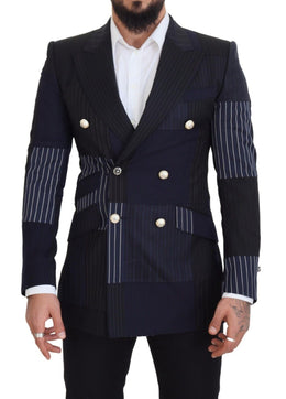 Dolce & Gabbana Blauer Woll-Patchwork-Blazer im Zweireiher