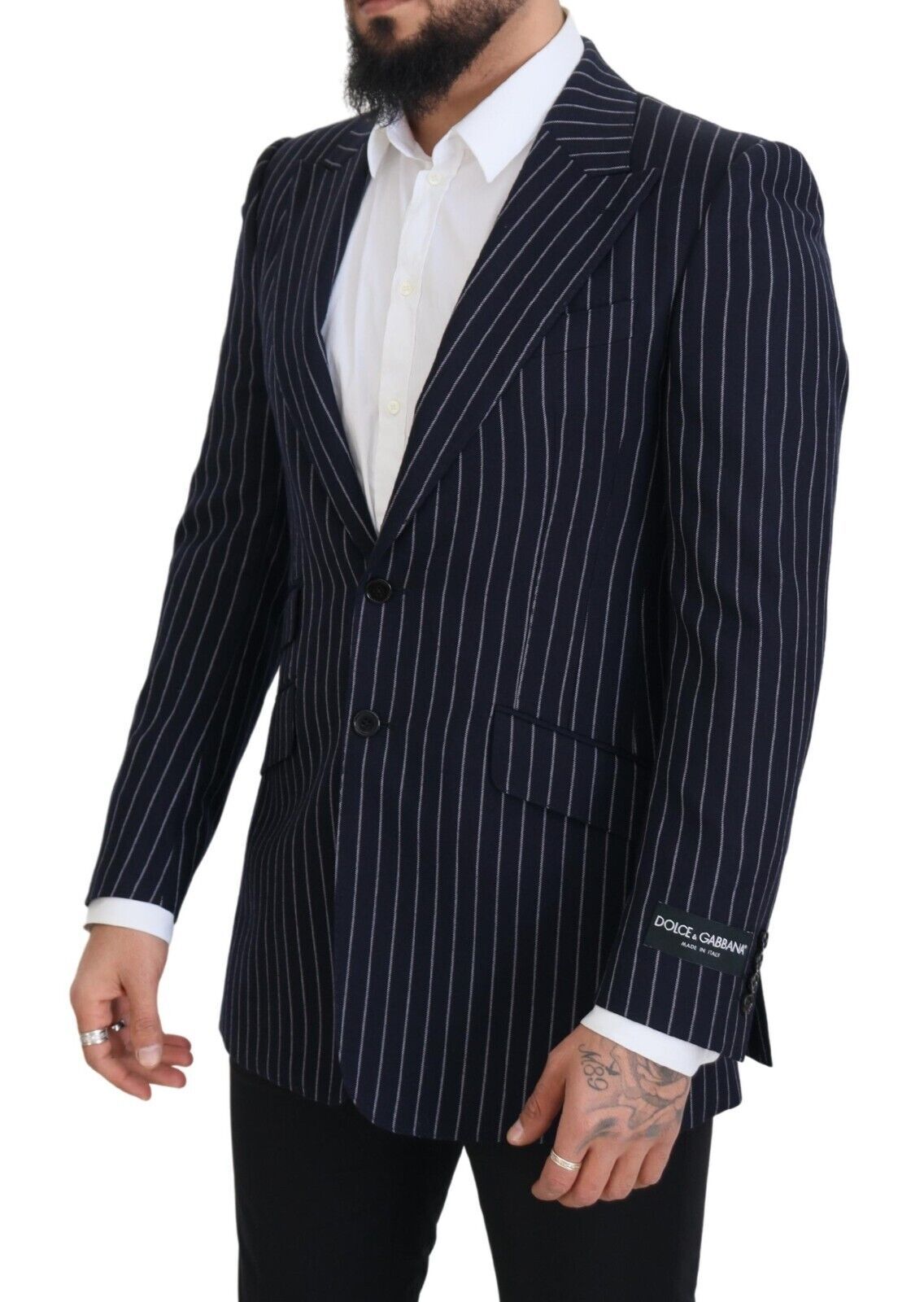 Dolce & Gabbana Dunkelblau gestreifter einreihiger Blazer aus Wolle