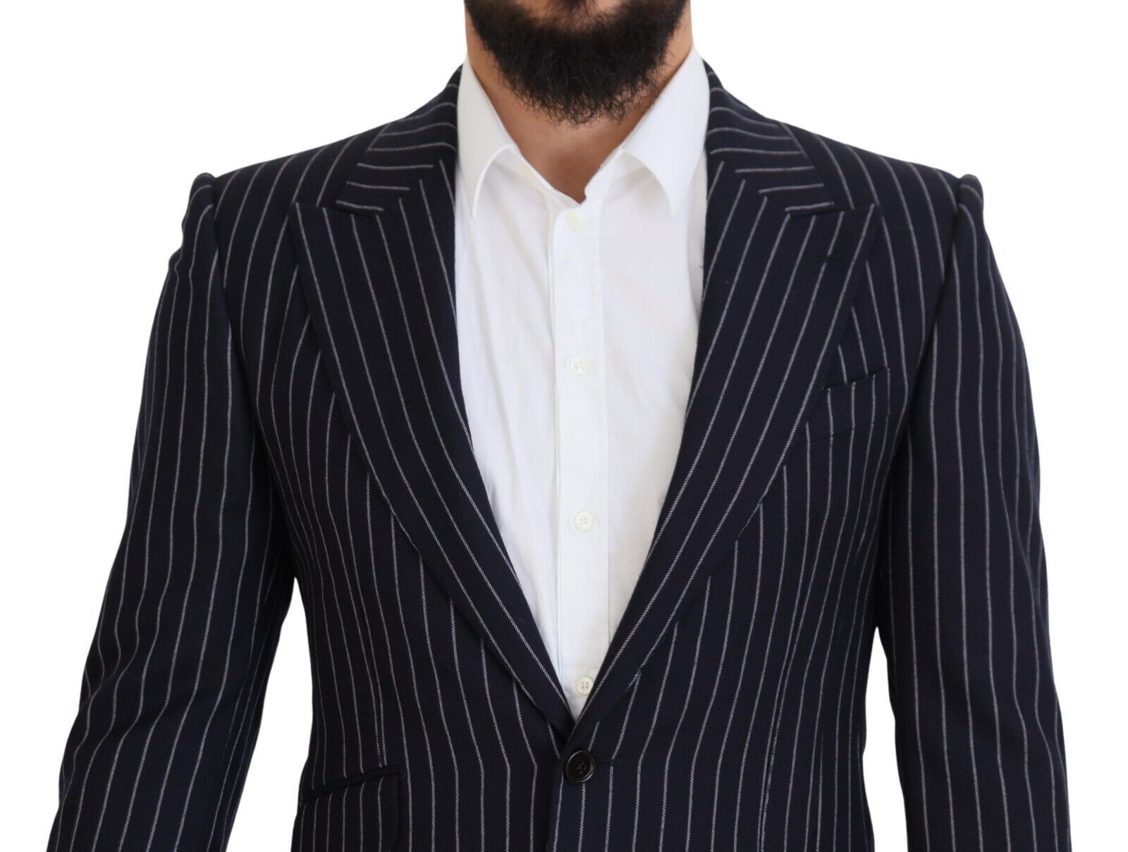 Dolce & Gabbana Dunkelblau gestreifter einreihiger Blazer aus Wolle
