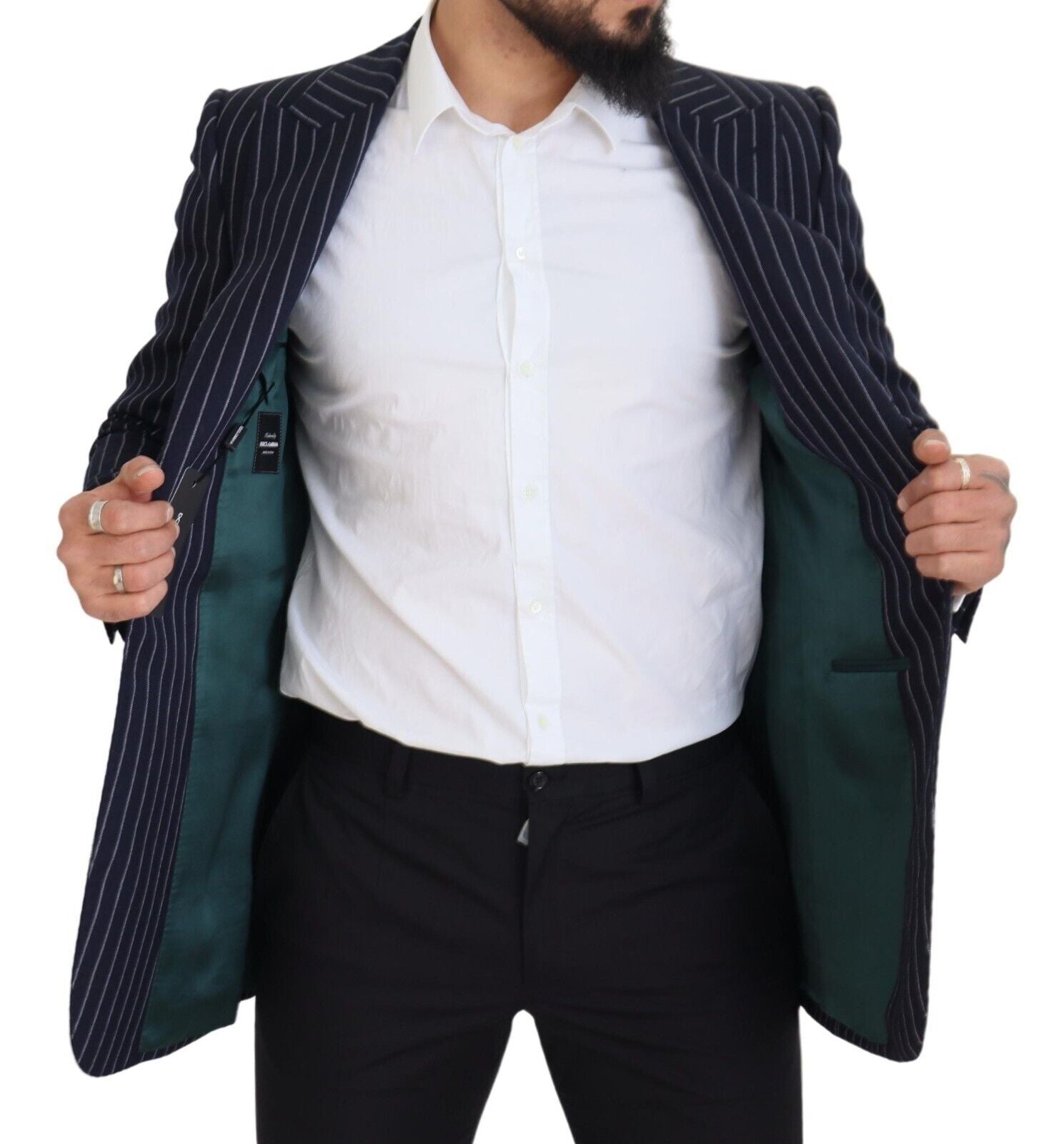 Dolce & Gabbana Dunkelblau gestreifter einreihiger Blazer aus Wolle