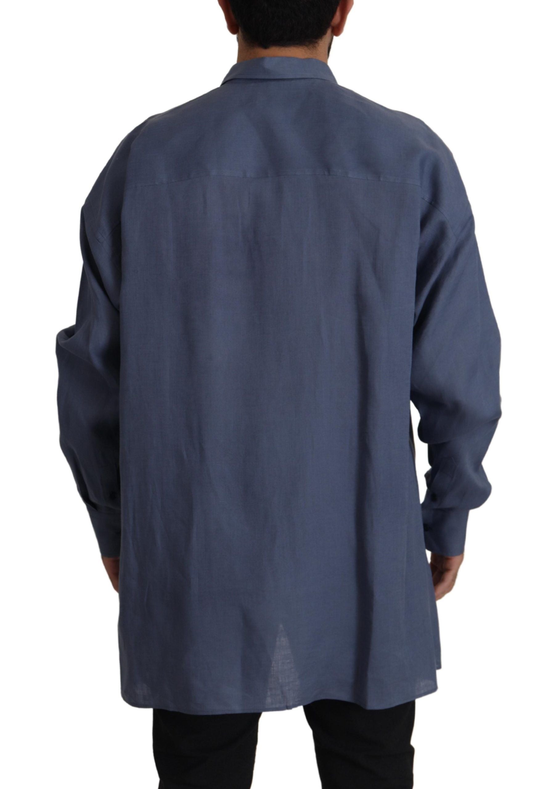 Dolce & Gabbana Dunkelblau Leinen Slim Fit Kleid Formales Herrenhemd