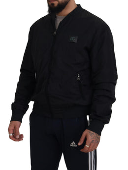 Dolce & Gabbana Schwarze Nylon-Logo-Bomberjacke mit Reißverschluss