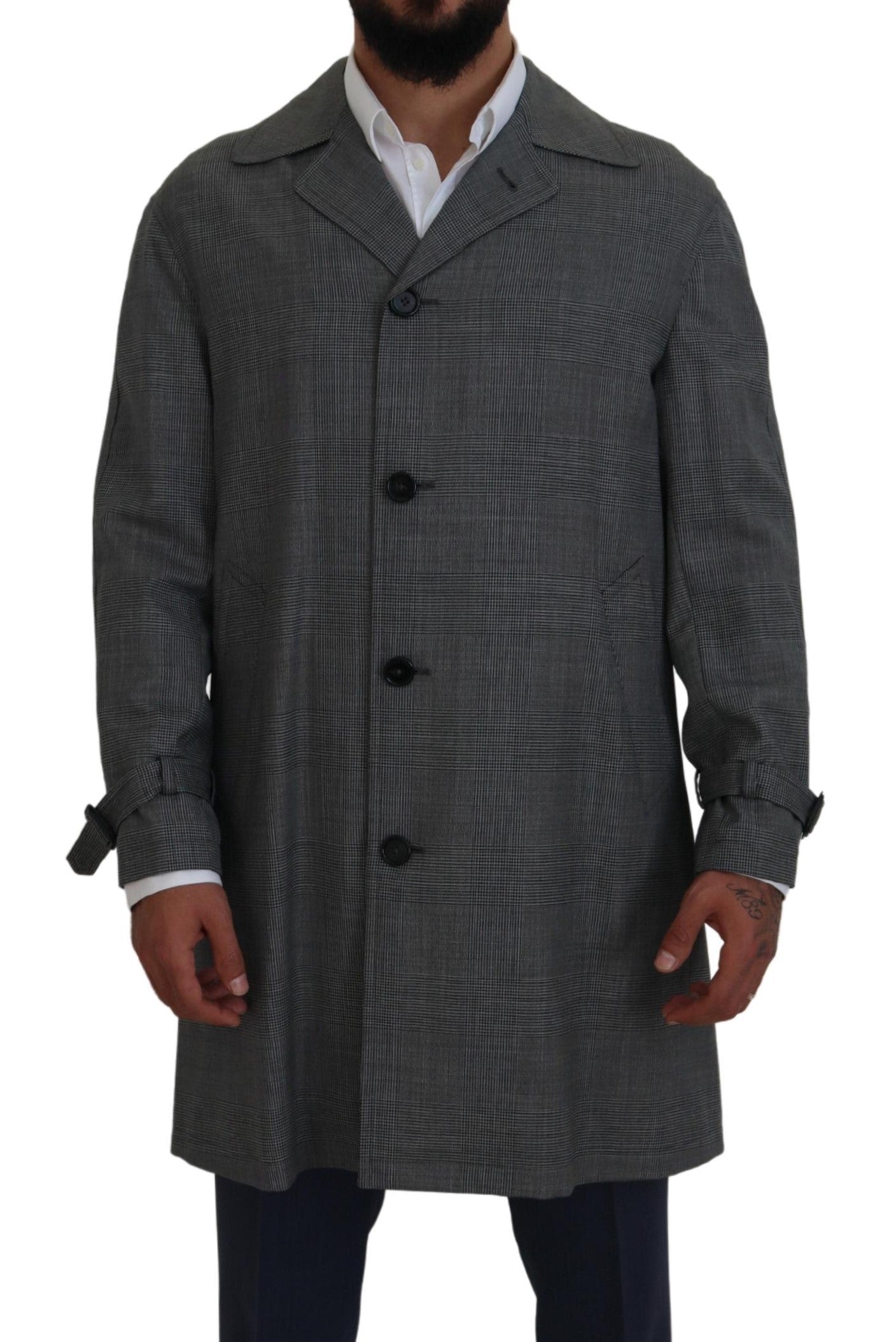 Dolce & Gabbana Grauer Wollmantel kariert langer Trenchcoat Jacke Trenchcoat Jacke