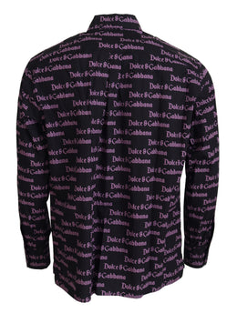 Dolce & Gabbana Schwarzes lila Logo Slim Dress Formales Hemd