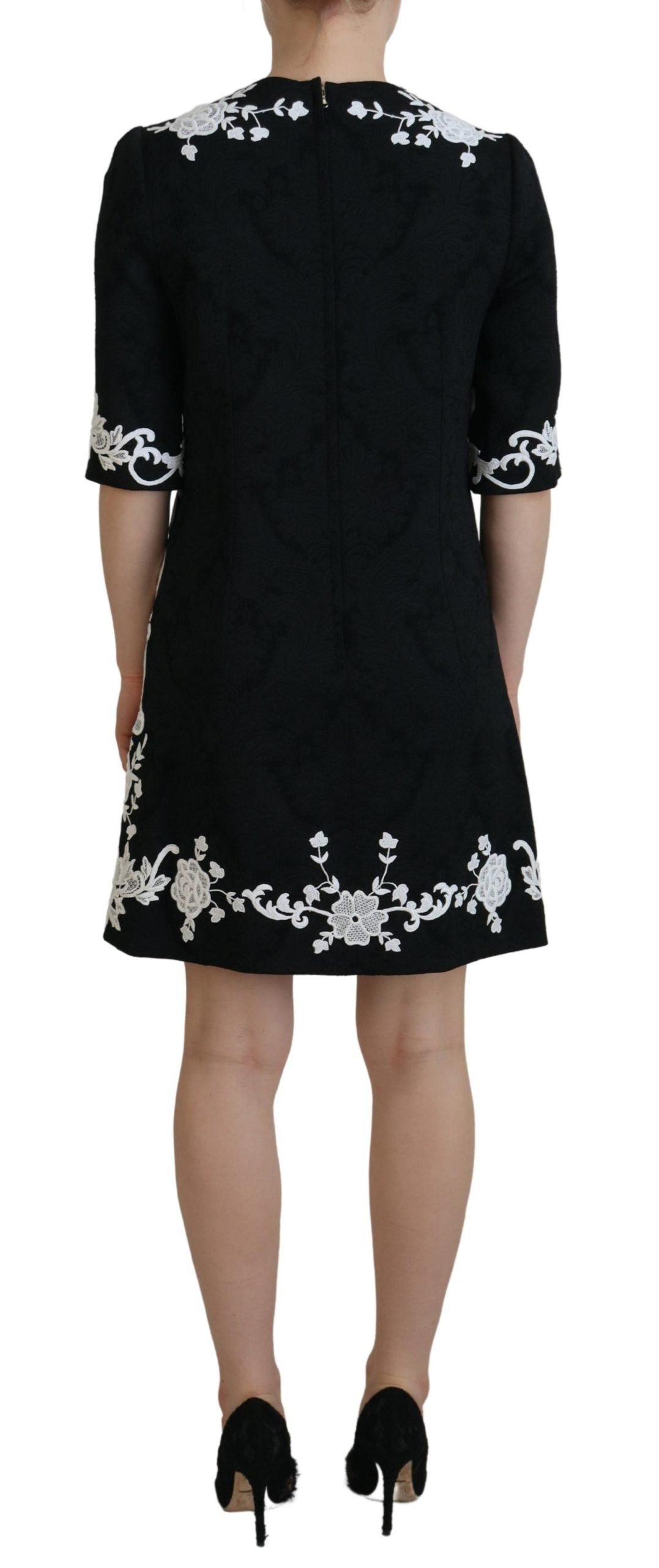 Dolce & Gabbana Schwarzes Kleid mit Spitzenbesatz und halben Ärmeln in A-Linie