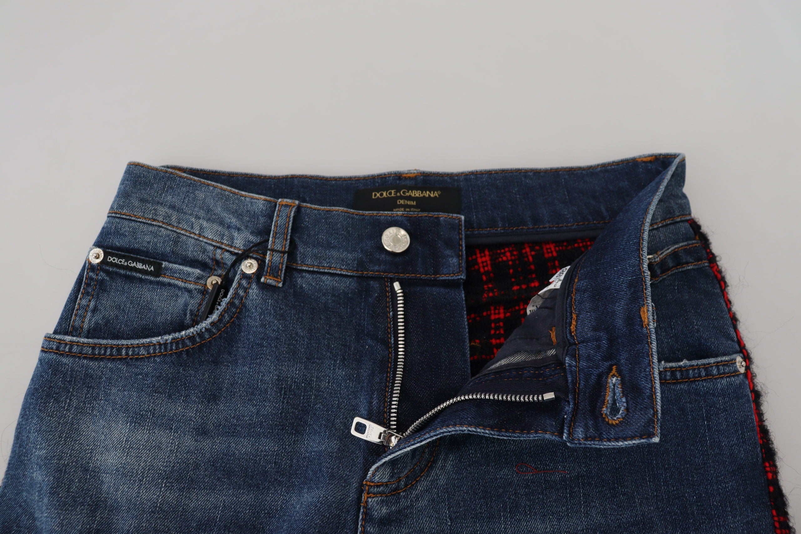 Dolce & Gabbana Blau karierte Skinny Denim Jeans