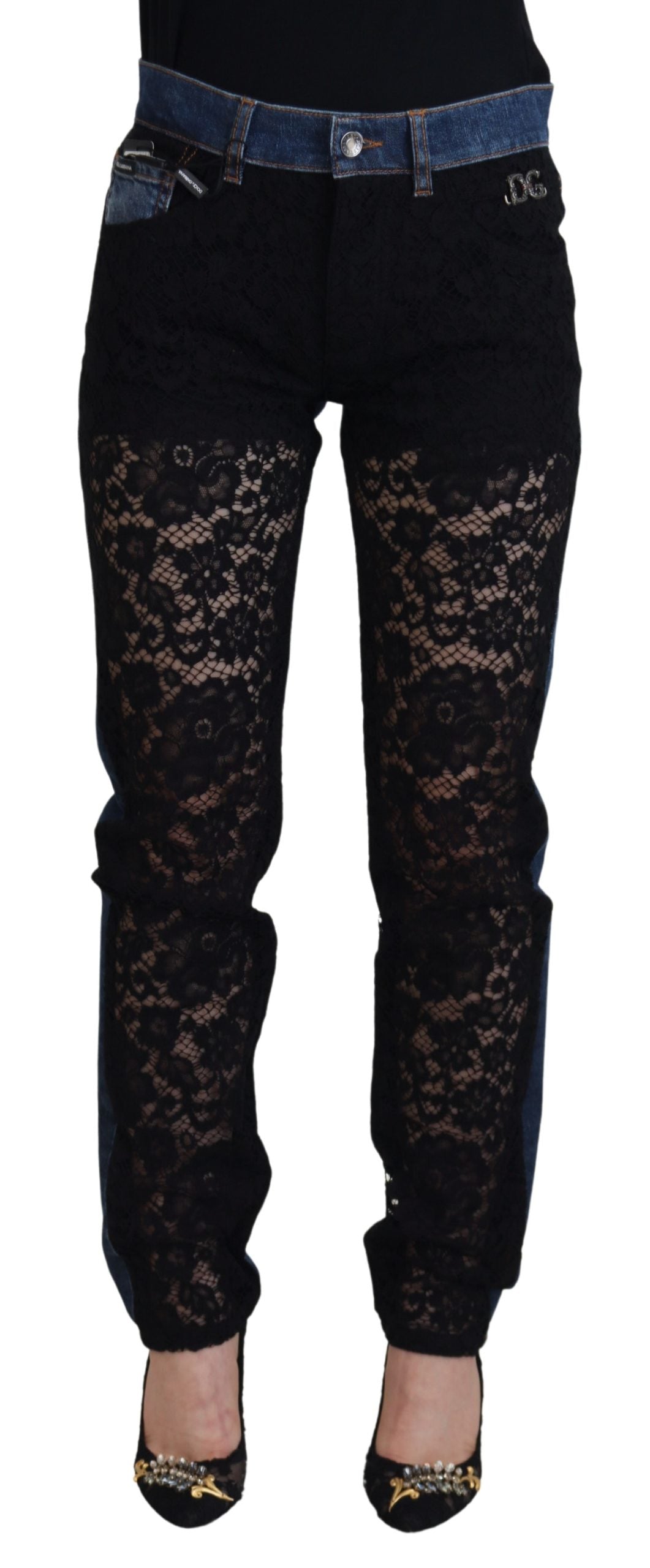 Dolce & Gabbana Schwarze florale Skinny Denim Jeans mit Spitze