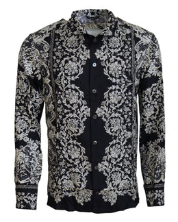 Dolce & Gabbana Blaues Seidenblumen Barock Satin Freizeithemd