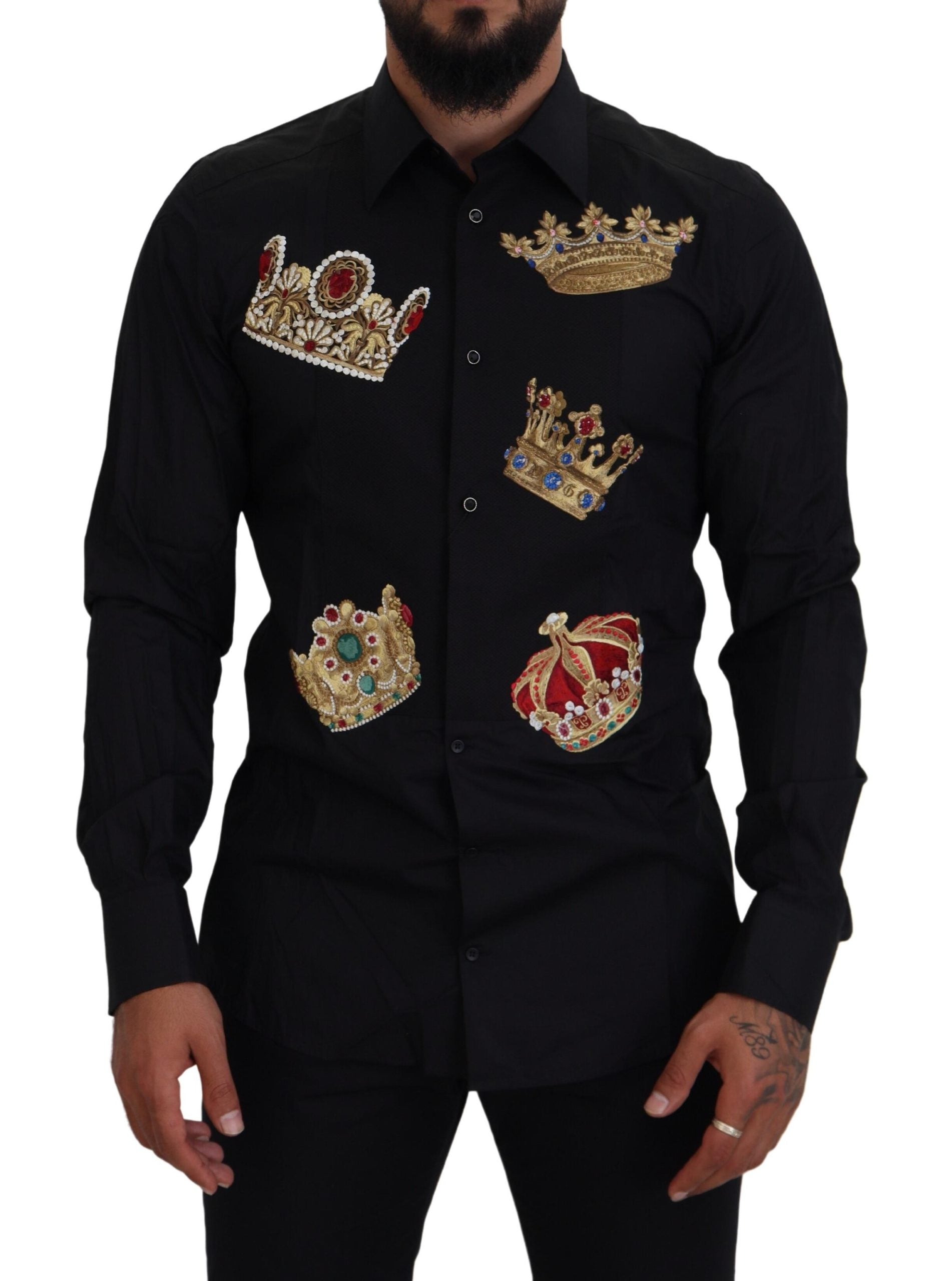 Dolce & Gabbana Schwarz-Gold-Krone Slim Fit Kleid Formales Hemd