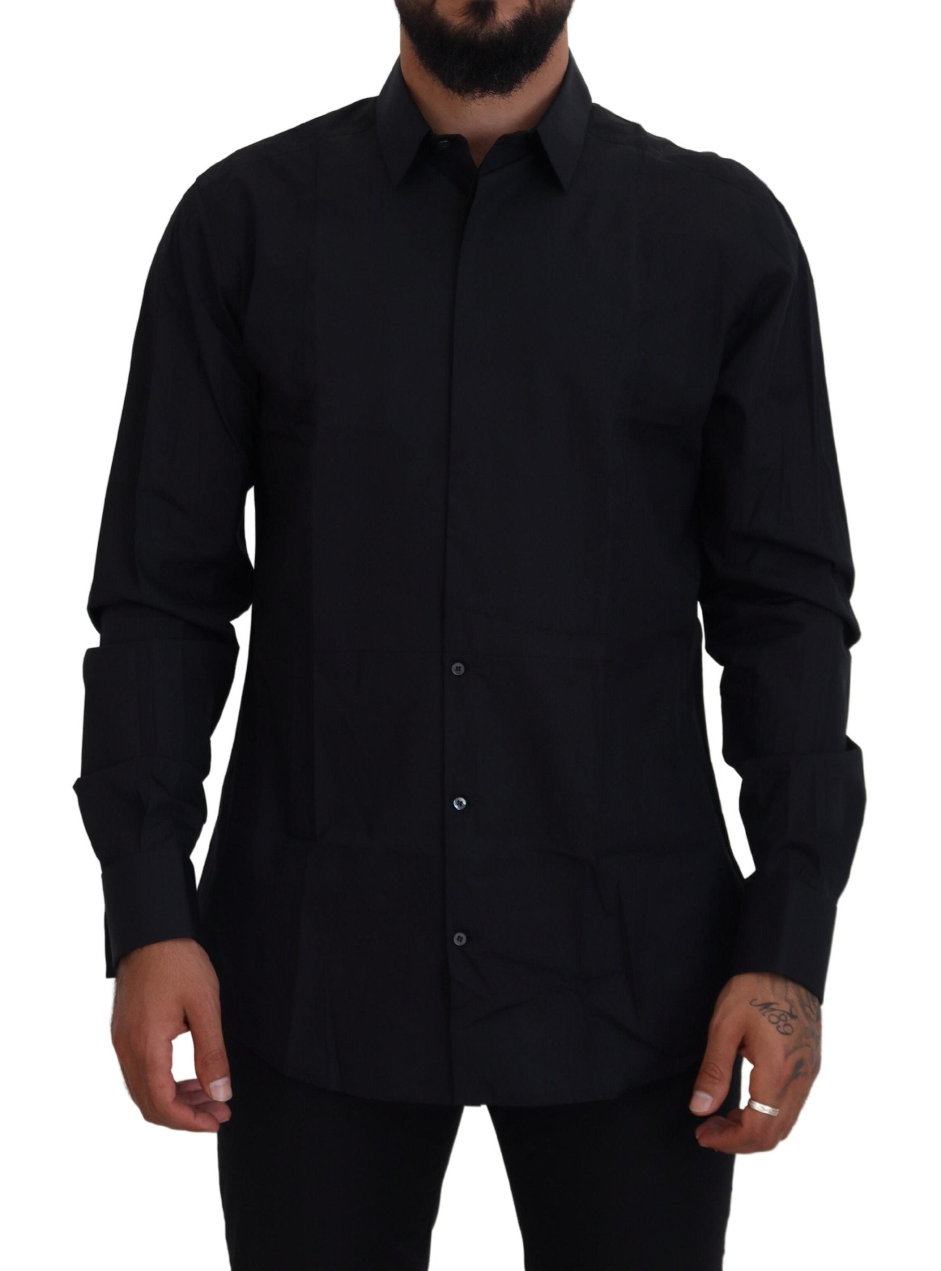 Dolce & Gabbana Schwarz Gold Baumwolle Slim Fit Kleid Herrenhemd
