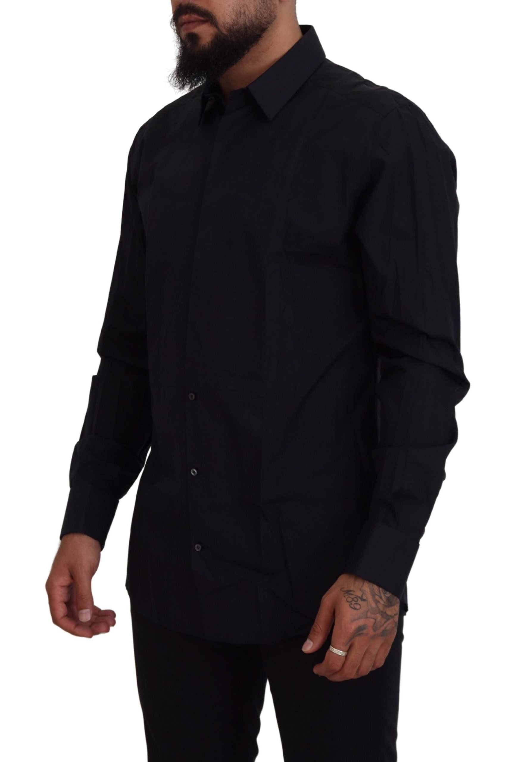 Dolce & Gabbana Schwarz Gold Baumwolle Slim Fit Kleid Herrenhemd
