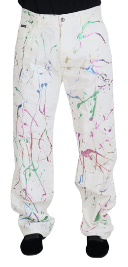Dolce & Gabbana Weiße Denim-Hose aus Baumwolle mit Farbklecks-Druck