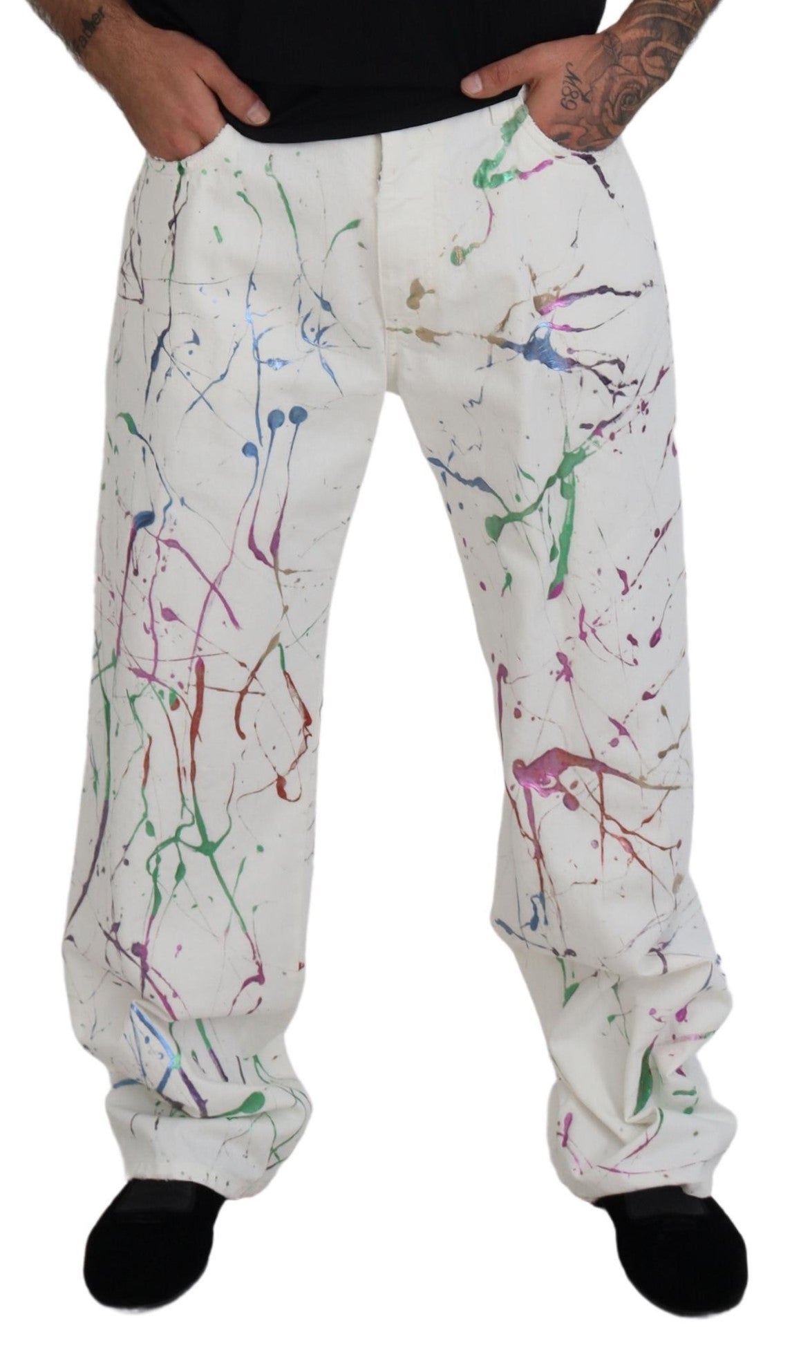 Dolce & Gabbana Weiße Denim-Hose aus Baumwolle mit Farbklecks-Druck