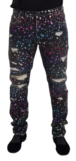 Dolce & Gabbana Schwarze Multicolor Print Zerrissene Denim Jeans