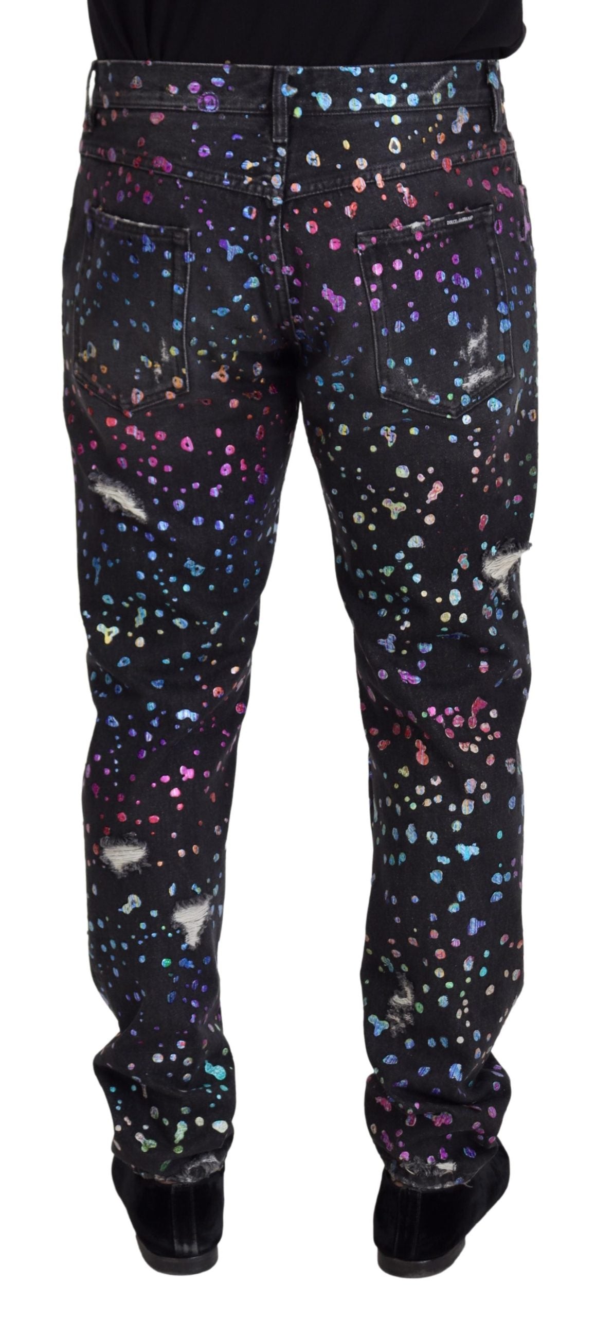 Dolce & Gabbana Schwarze Multicolor Print Zerrissene Denim Jeans
