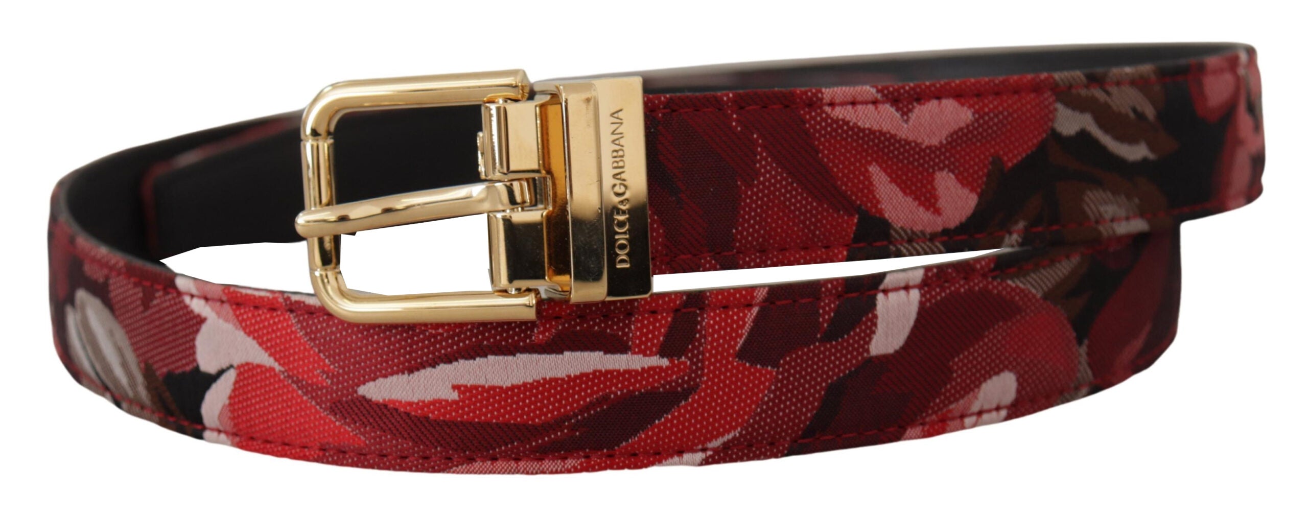 Dolce & Gabbana Roter Jacquard-Rosenledergürtel mit goldener Metallschnalle