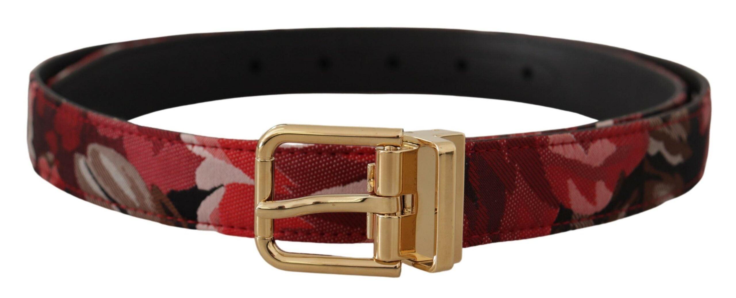 Dolce & Gabbana Roter Jacquard-Rosenledergürtel mit goldener Metallschnalle
