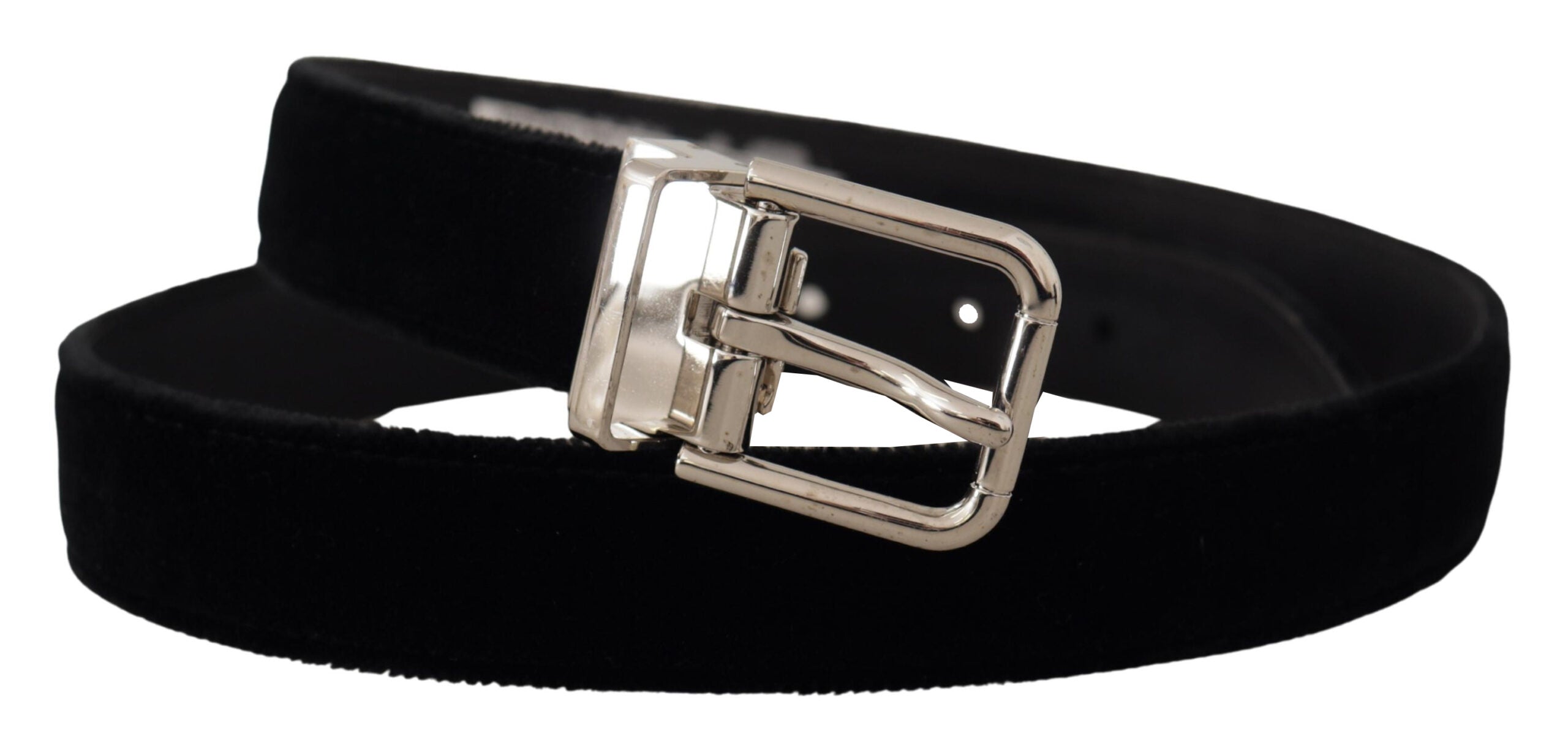 Dolce & Gabbana Schwarzer Samt Silberton Metall Logo Schnalle Gürtel