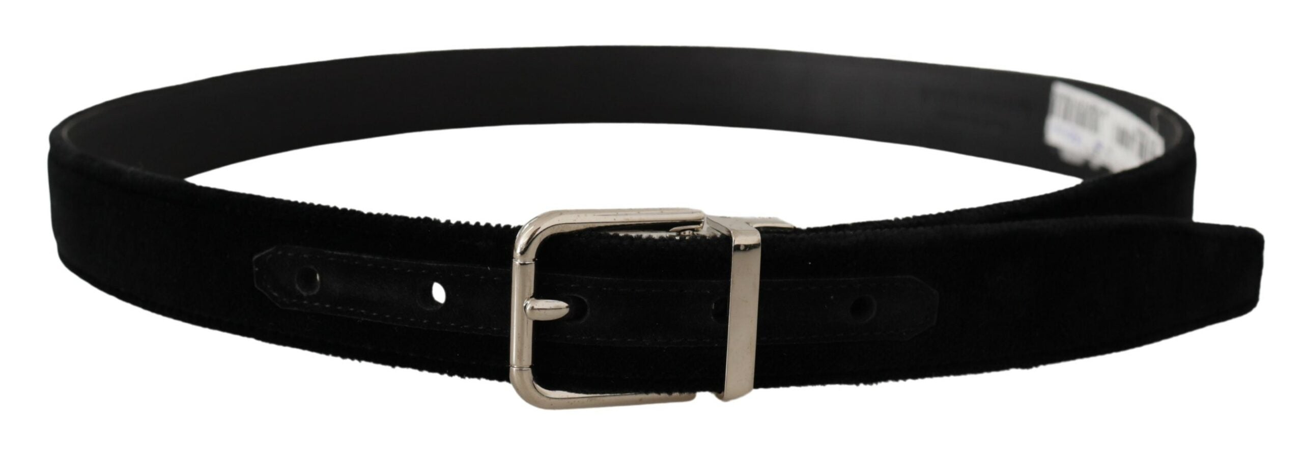 Dolce & Gabbana Schwarzer Samt Silberton Metall Logo Schnalle Gürtel