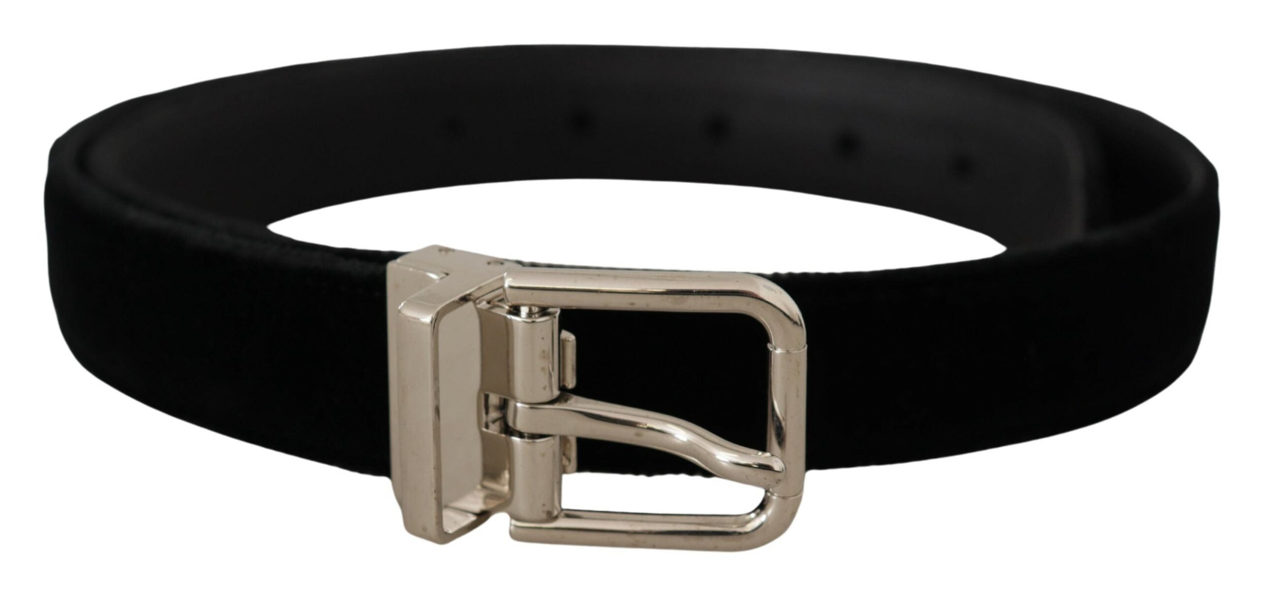 Dolce & Gabbana Schwarzer Samt Silberton Metall Logo Schnalle Gürtel